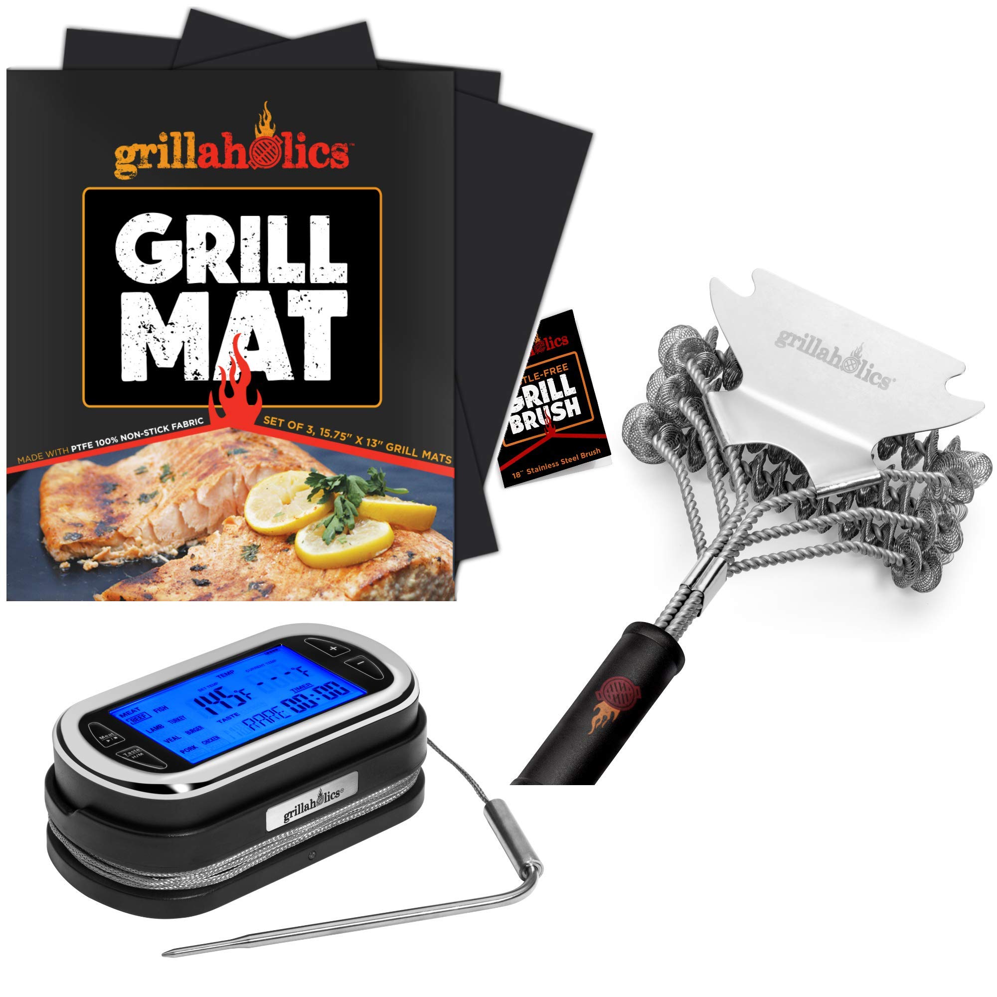 Grillaholics Premium Nonstick BBQ Grill Mats (2-Pack) with Wireless Meat Thermometer & Bristle-Free Grill Brush Set – Perfect for Outdoor Grilling, Backyard BBQs, and Camping Cooking