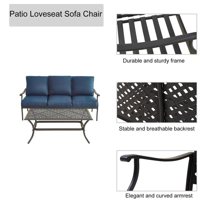 LOKATSE HOME 3-Seat Metal Outdoor Loveseat Bench with Coffee Table - Patio Bistro Set for Garden, Yard, Porch or Poolside - Durable Weather-Resistant Blue Steel Furniture (Perfect for Relaxing, Entertaining Guests & Outdoor Dining)