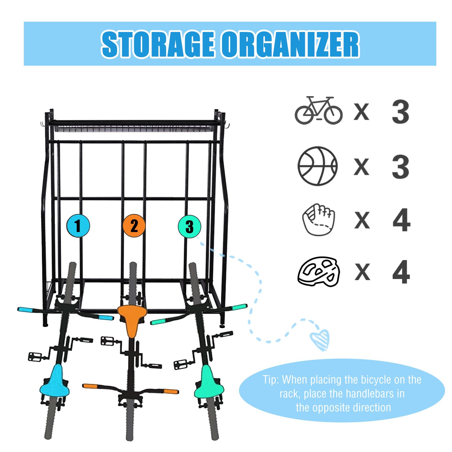 Mythinglogic 3-Bike Floor Parking Stand - Heavy Duty Free Standing Bike Rack for Garage Storage Organizer (Fits Adult & Kids Bicycles) - Perfect for Home, Garage, and Apartment Bike Organization