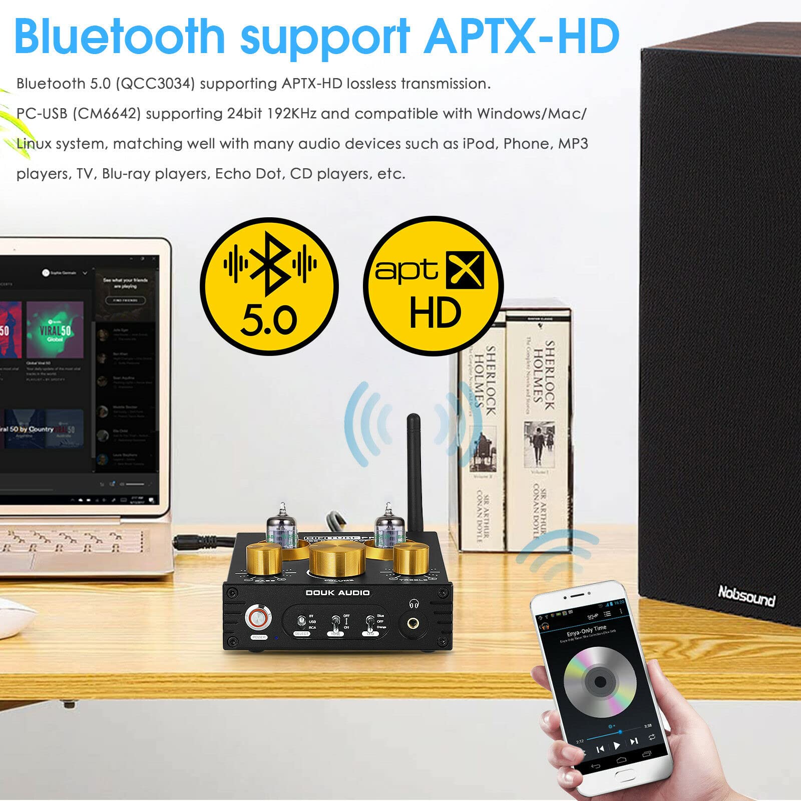 Douk Audio P1 Tube Preamp - Bluetooth 5.0 Hi-Fi Preamplifier with GE5654 Vacuum Tube, Wireless Audio Receiver, USB DAC, APTX-HD Support for Home Theater & Audiophile Systems