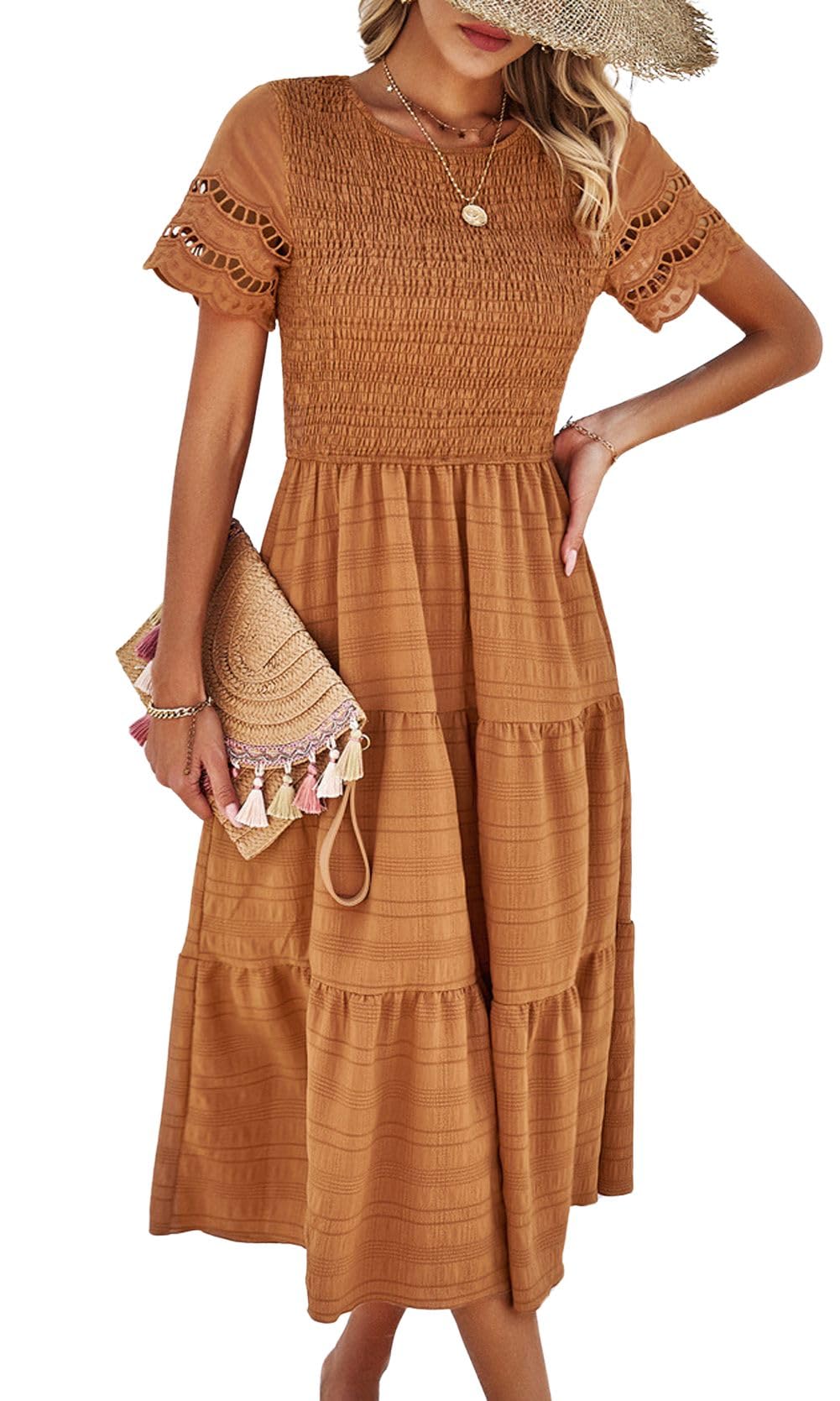 Chouyatou Women's 2024 Spring Summer Solid Color Elegant Maxi Dress with Crewneck & Cut Out Design - Perfect for Beach Vacations, Date Nights & Summer Parties