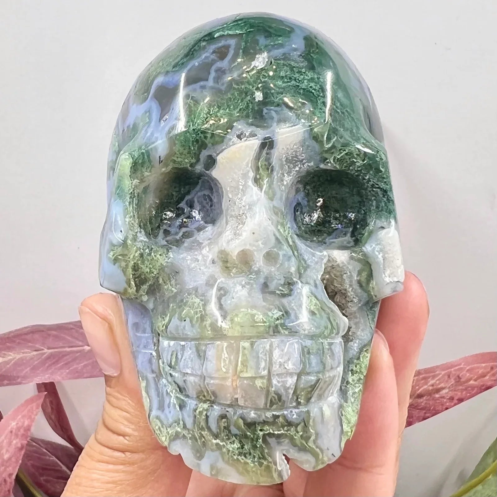 Natural Green Moss Agate Carved Skull Druzy Crystal Geode - Healing Stone for Meditation, Witchcraft & Home Decor - Unique Spiritual Decor for Altars, Gifts & Gothic Interior Design