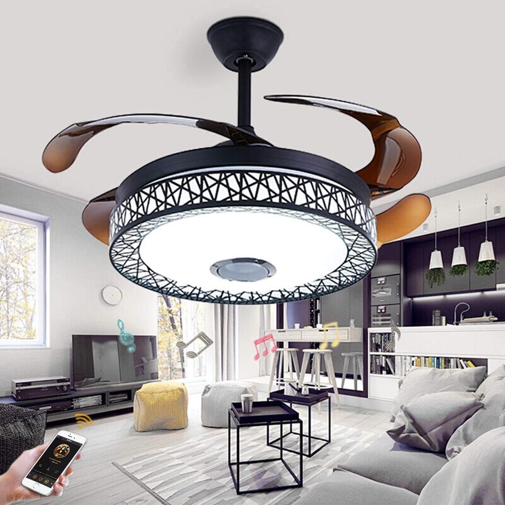 42 Inch Smart Ceiling Fan with LED Light, Bluetooth Speaker & Remote Control - Modern 3-Color Dimmable Chandelier Fan - Ultra Quiet for Bedroom, Living Room, Dining Room - Perfect for Home Cooling & Ambient Lighting (Black)