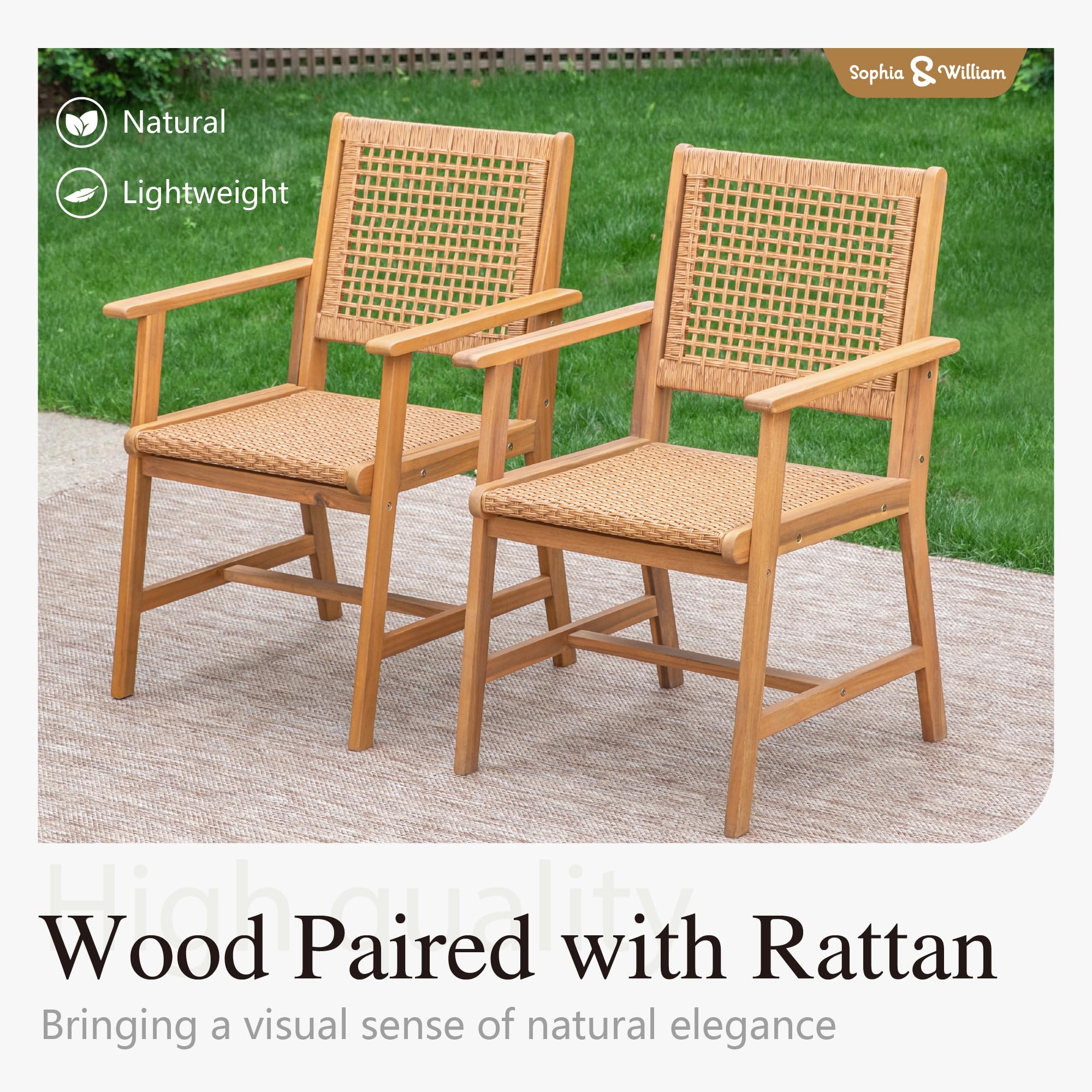 Sophia & William 2-Piece Outdoor Patio Dining Chairs Set - Handwoven Rattan Armchairs with Acacia Wood Frame for Porch, Backyard, Garden & Balcony - Perfect for Al Fresco Dining, Lounging & Outdoor Entertaining