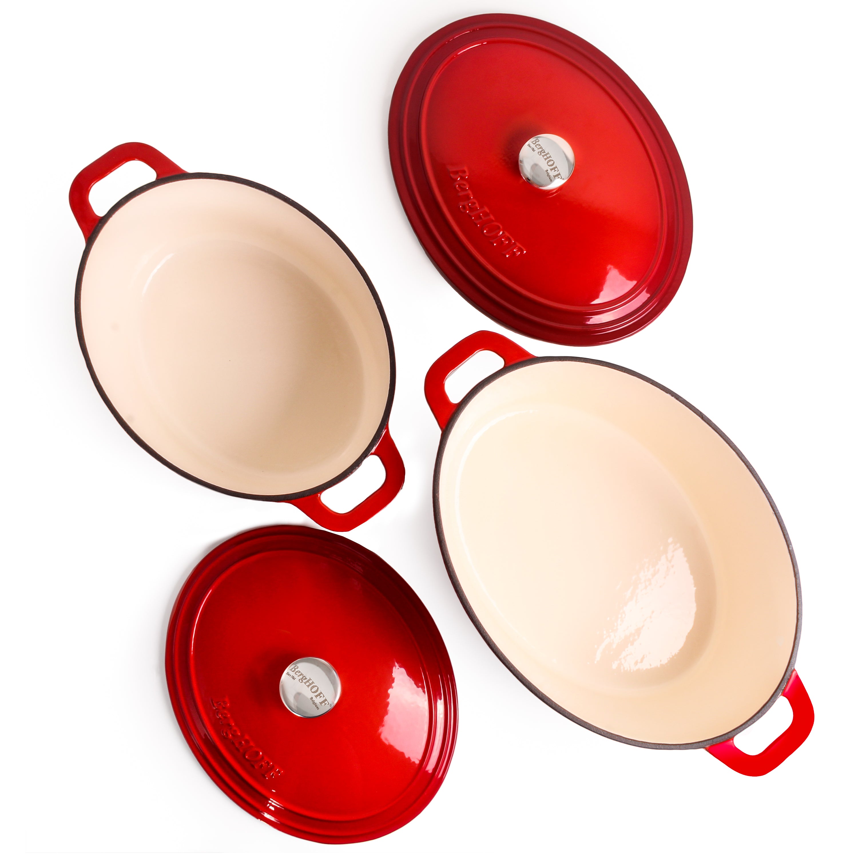BergHOFF Neo 4-Piece Cast Iron Cookware Set - 5 Quart & 8 Quart Dutch Oven with Lid - Premium Red Enameled Cookware for Braising, Stewing & Baking - Perfect for Stovetop, Oven & Camping Cooking