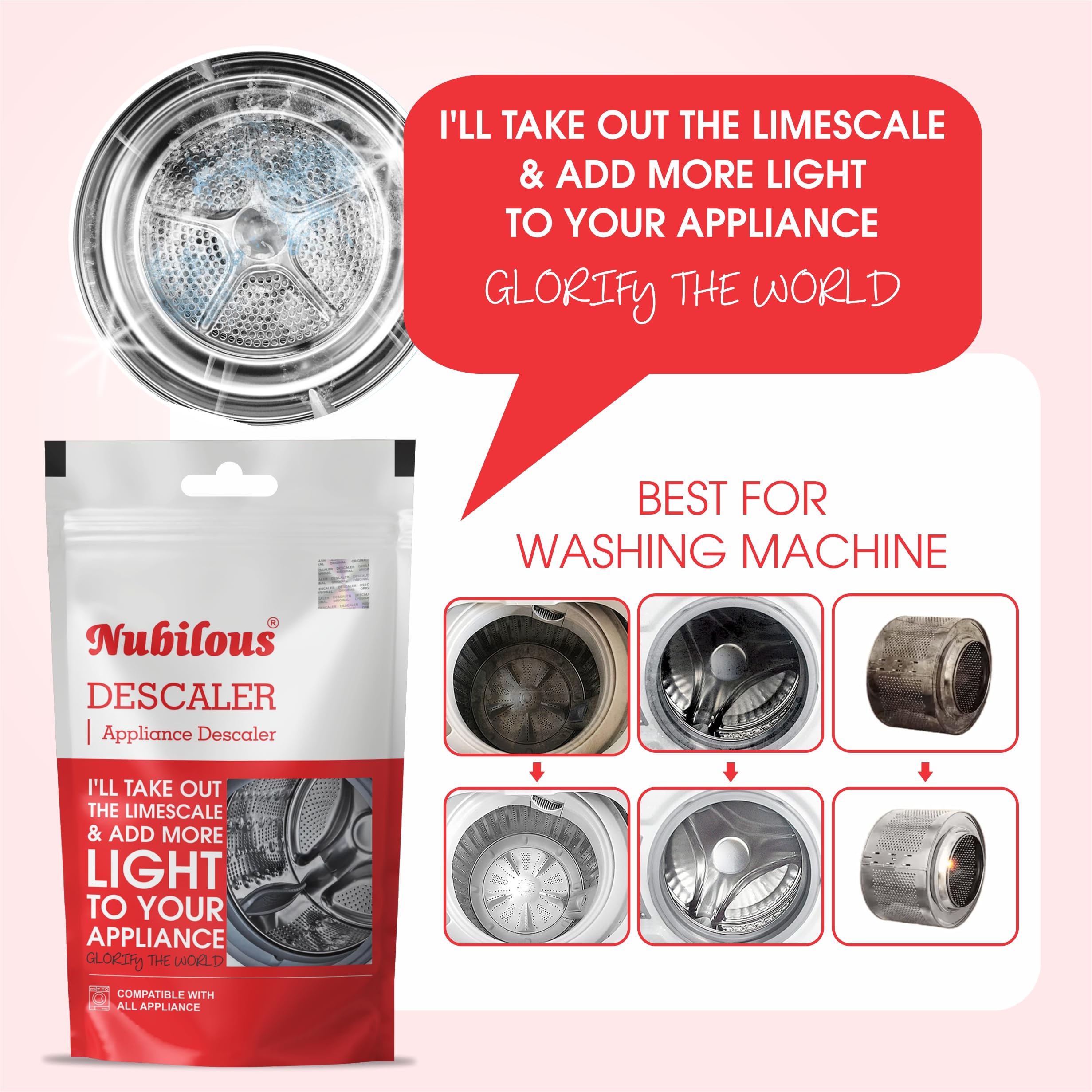 Nubilous Washing Machine Cleaner & Descaler - 100g Powder for Front Load & Top Load Washers - Removes Odor, Limescale & Buildup - Ideal for Laundry, Home & Apartment Use