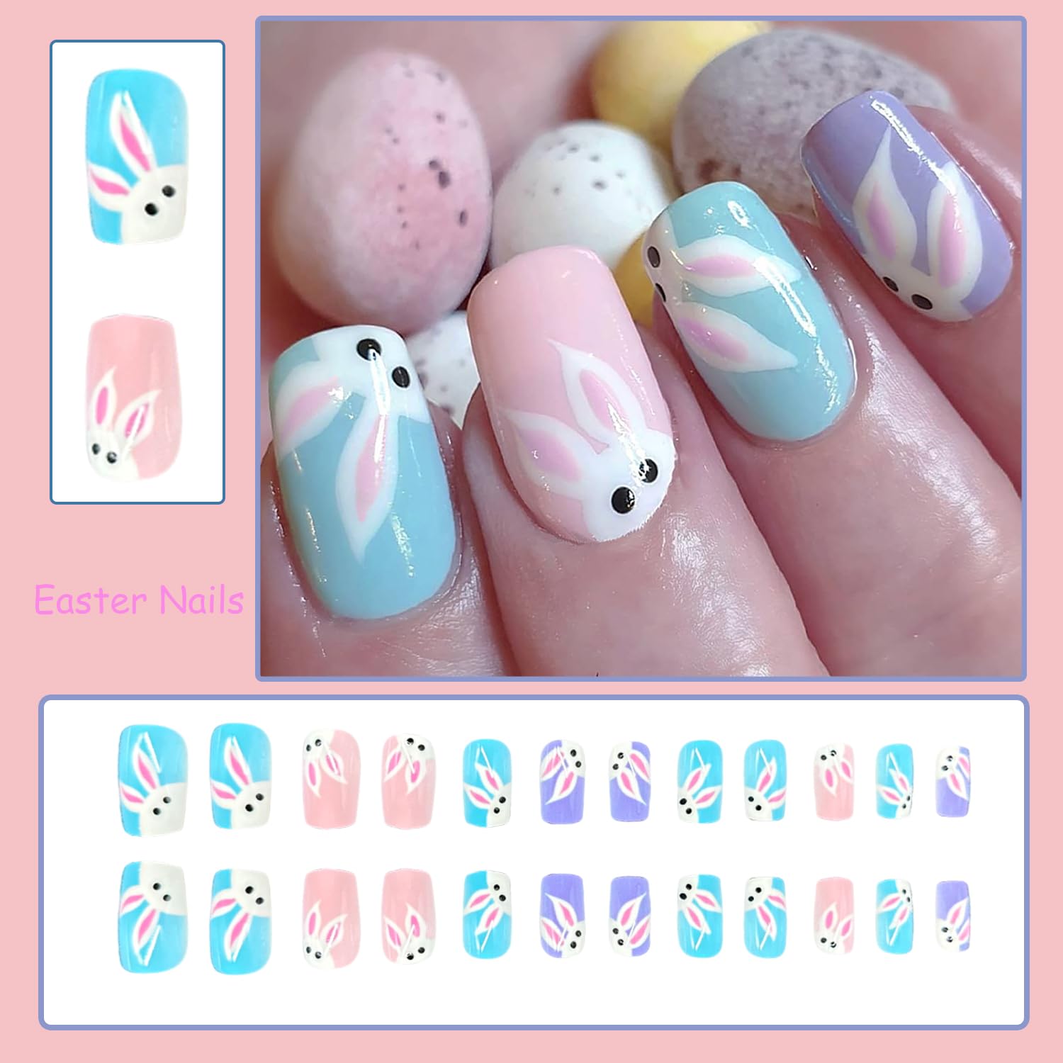 OCOUYVD Easter Press-On Nails - Medium Length Glossy Acrylic Fake Nails with Cute Bunny Designs | Colorful Stick-On Nails for Easter Party, Spring Festival & Special Occasions