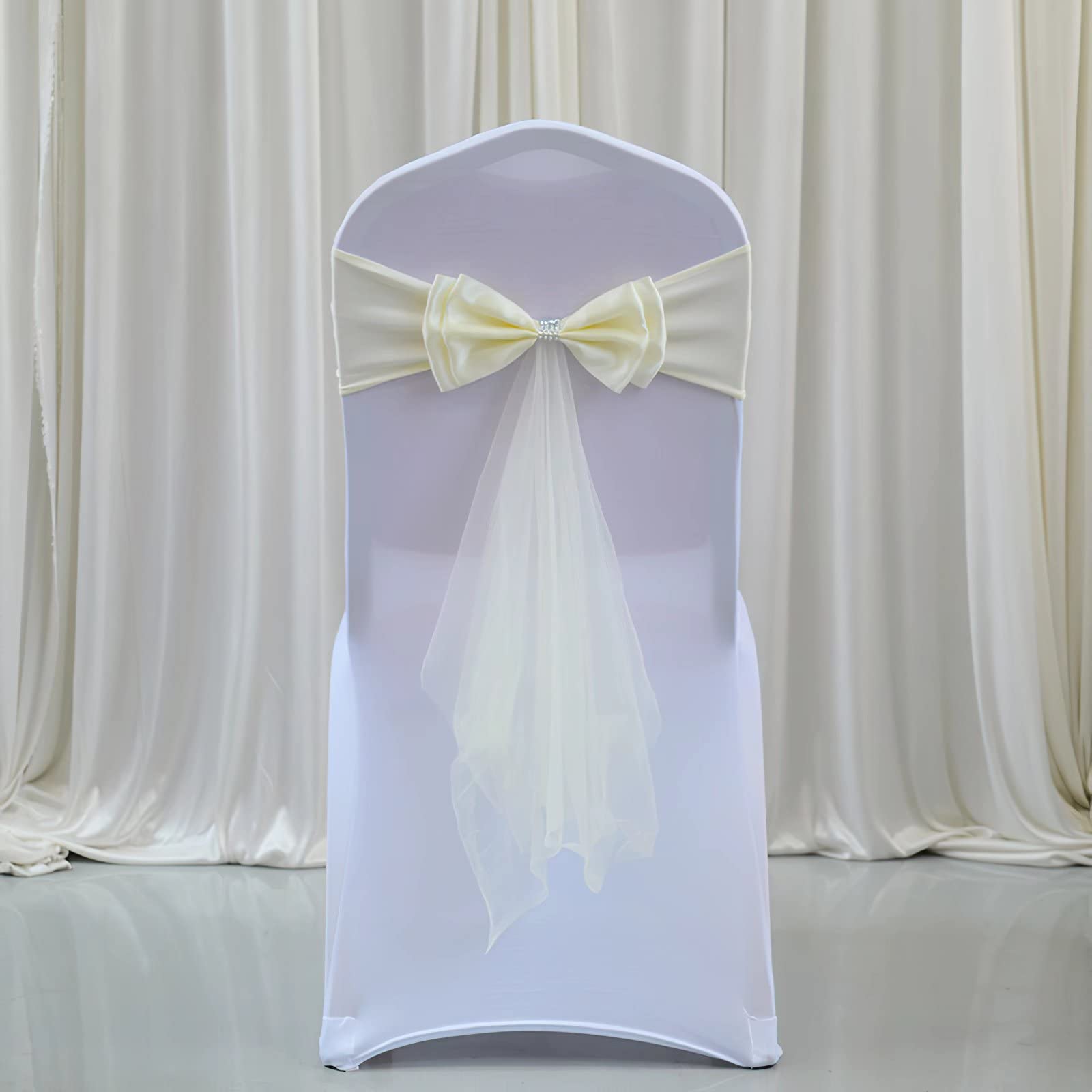 50 PCS Spandex Chair Sashes with Double Bows - Stretchable Organza Ribbons for Wedding Decor, Banquet, Party, Class Reunion & Hotel Events - Elegant Milk White - Perfect for Chair Back Decorations & Table Centerpieces