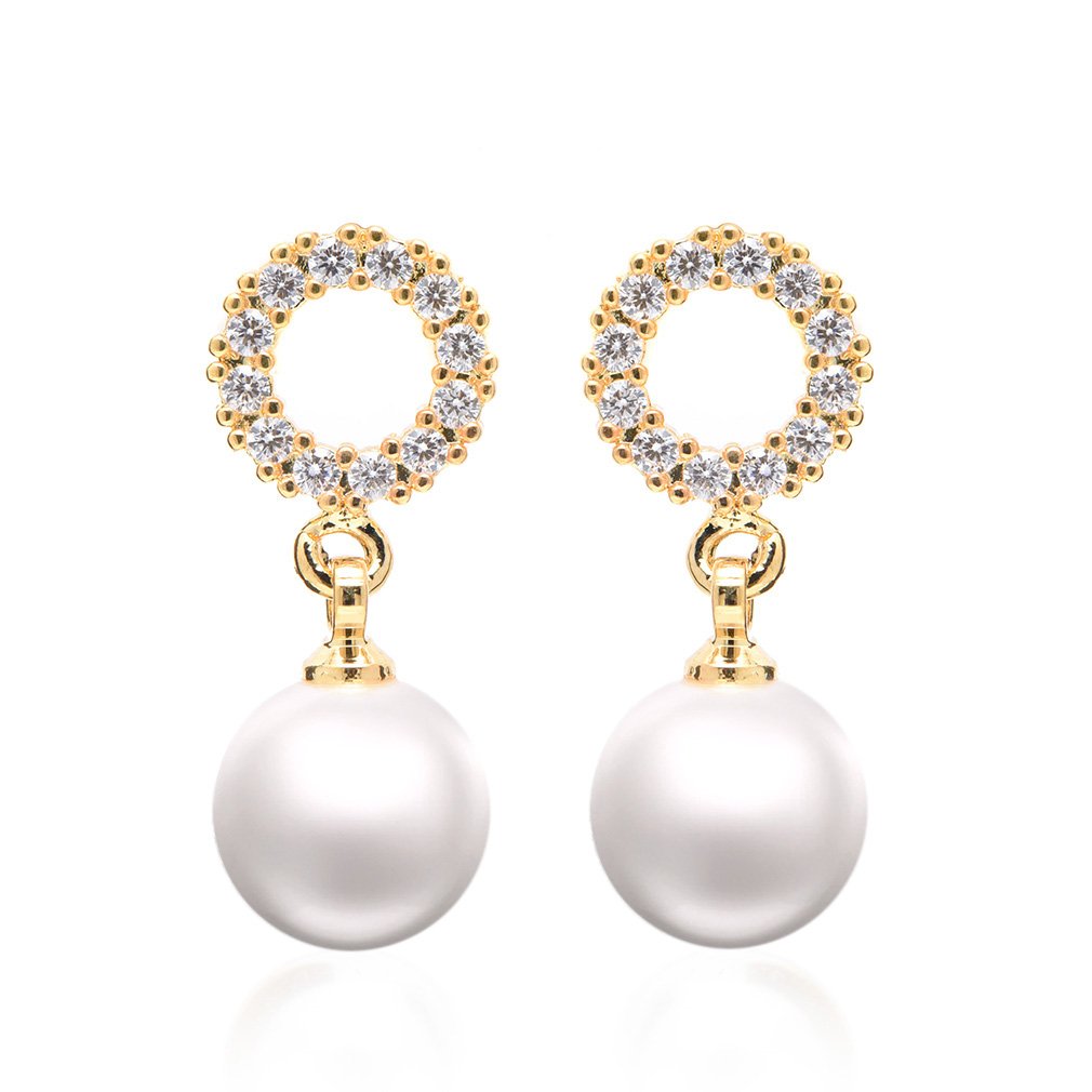 Gold Plated Cubic Zirconia Pearl Dangle Earrings for Wedding & Party
