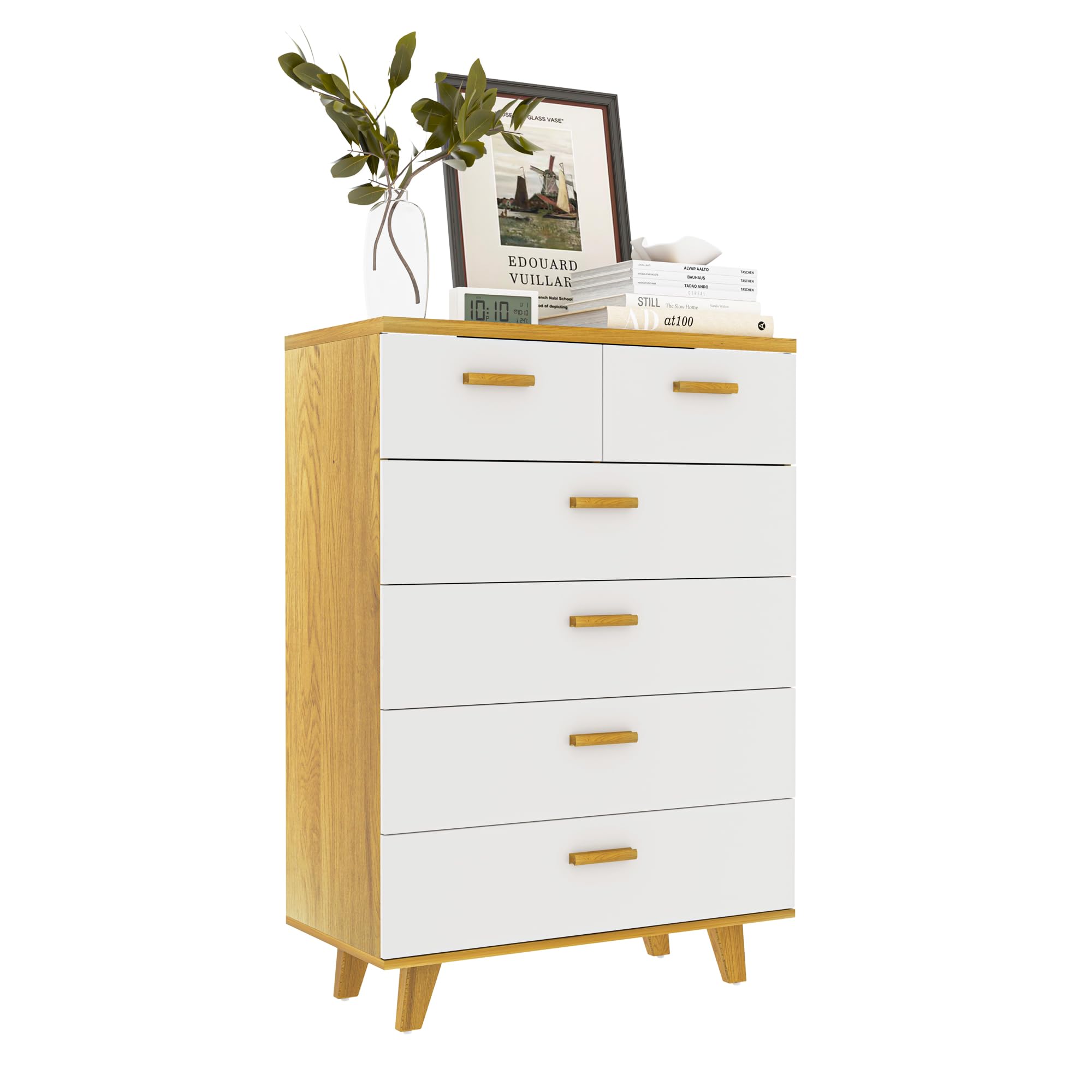 Modern White Wooden 6-Drawer Dresser for Bedroom - Solid Wood Handles & Legs - Tall Chest of Drawers for Closet, Hallway & Living Room Storage - Perfect for Organizing Clothes, Linens & Home Decor