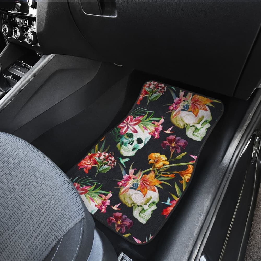 4 Pcs Floral Sugar Skull Car Mats - Non-Slip Floor Mats for Cars, Trucks & SUVs - Perfect for Day of the Dead Decor & Automotive Protection