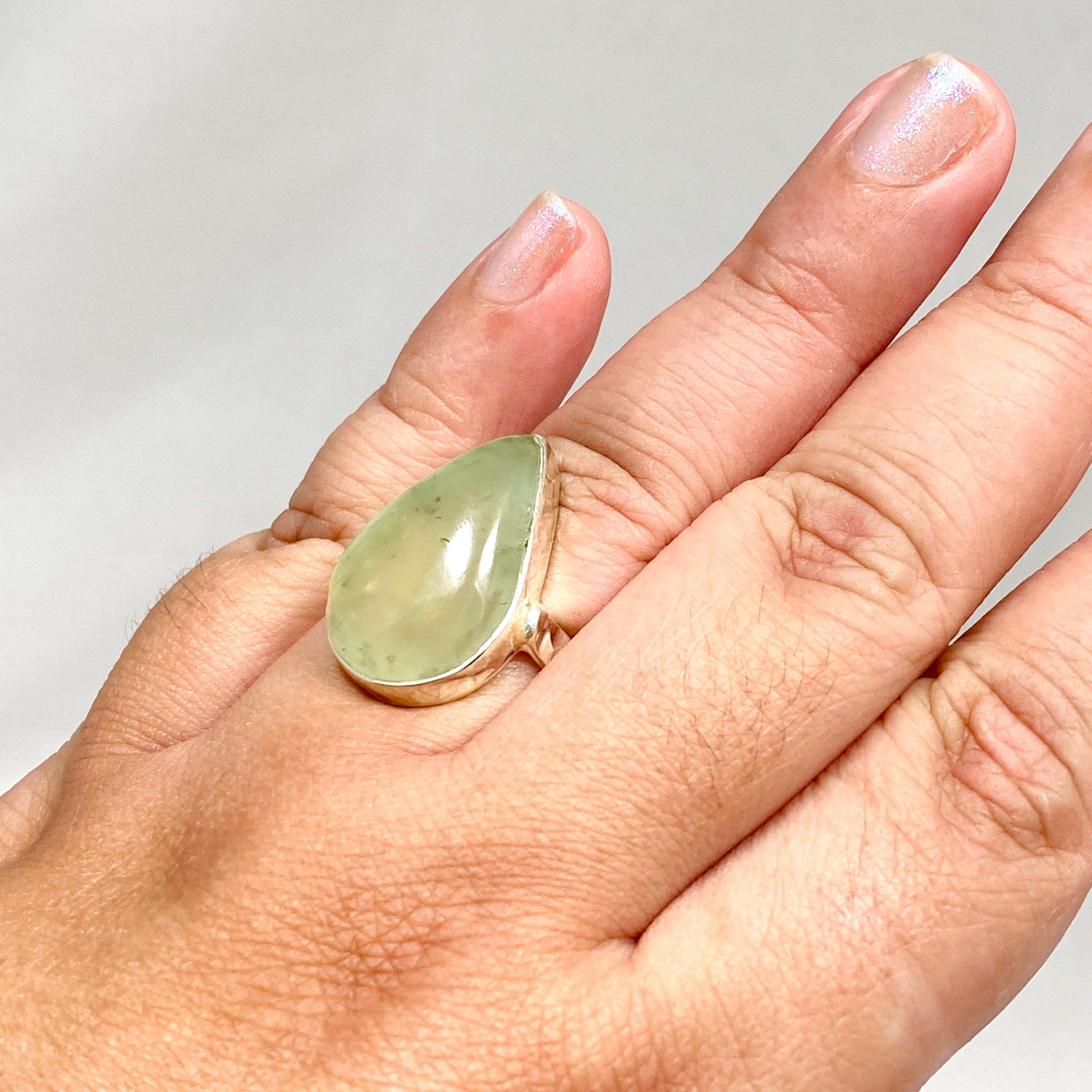 Prehnite Teardrop Hammered Band Ring - Size 10 - KRGJ3159 - Elegant Boho Jewelry for Women, Perfect for Weddings, Parties & Everyday Wear