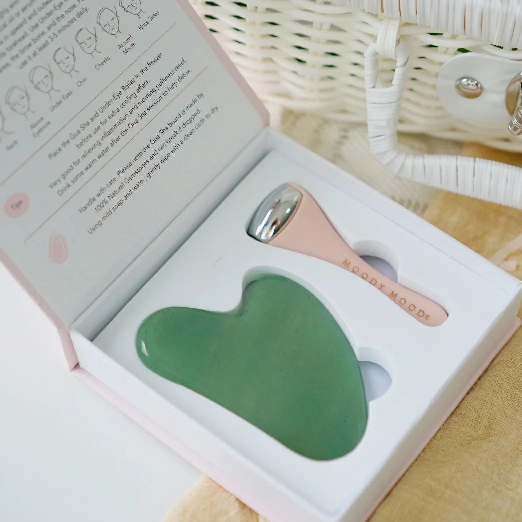 Revitalizing Moody Mood Under Eye Roller & Jade Gua Sha Set for Dark Circles & Puffiness – Perfect for Morning Skincare & Relaxation