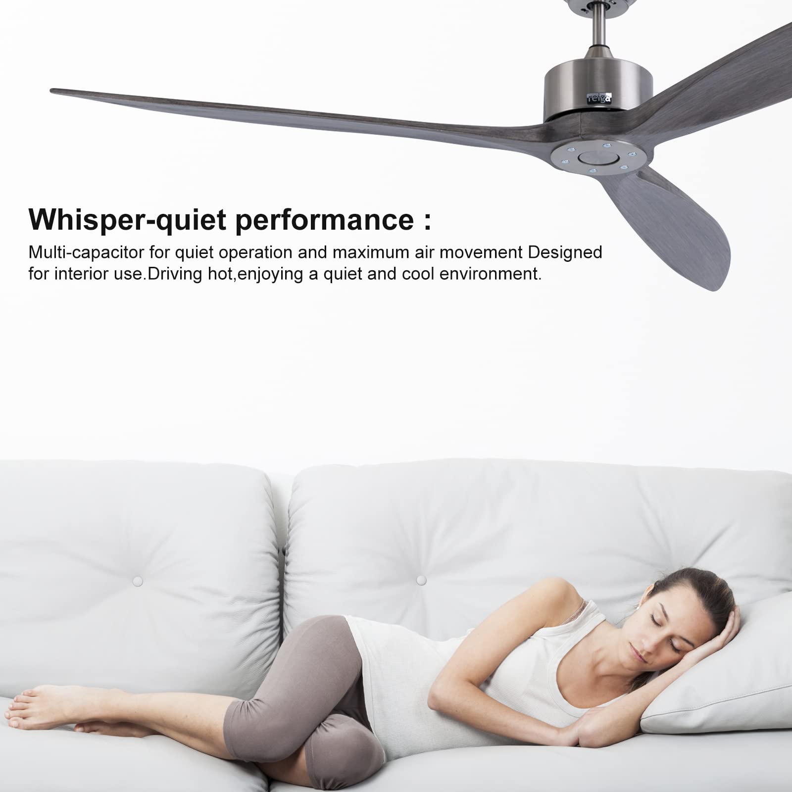 Reiga 65 Inch Wood Blade Ceiling Fan with Remote Control - Quiet DC Motor, No Light - Perfect for Living Room, Bedroom, and Outdoor Patio