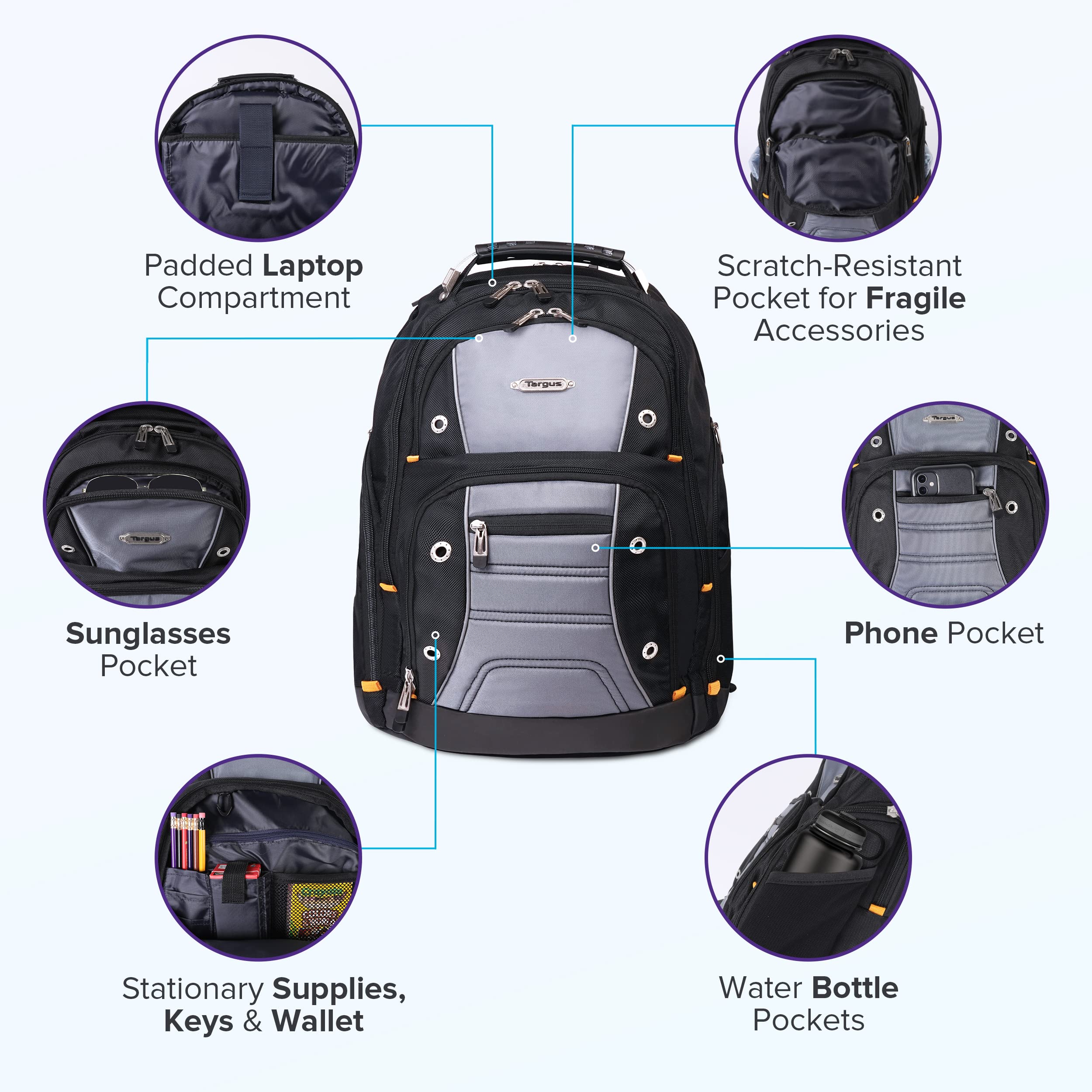 Targus Drifter II Laptop Backpack for Men - Black/Gray Water-Resistant Business & Travel Backpack - Fits 17