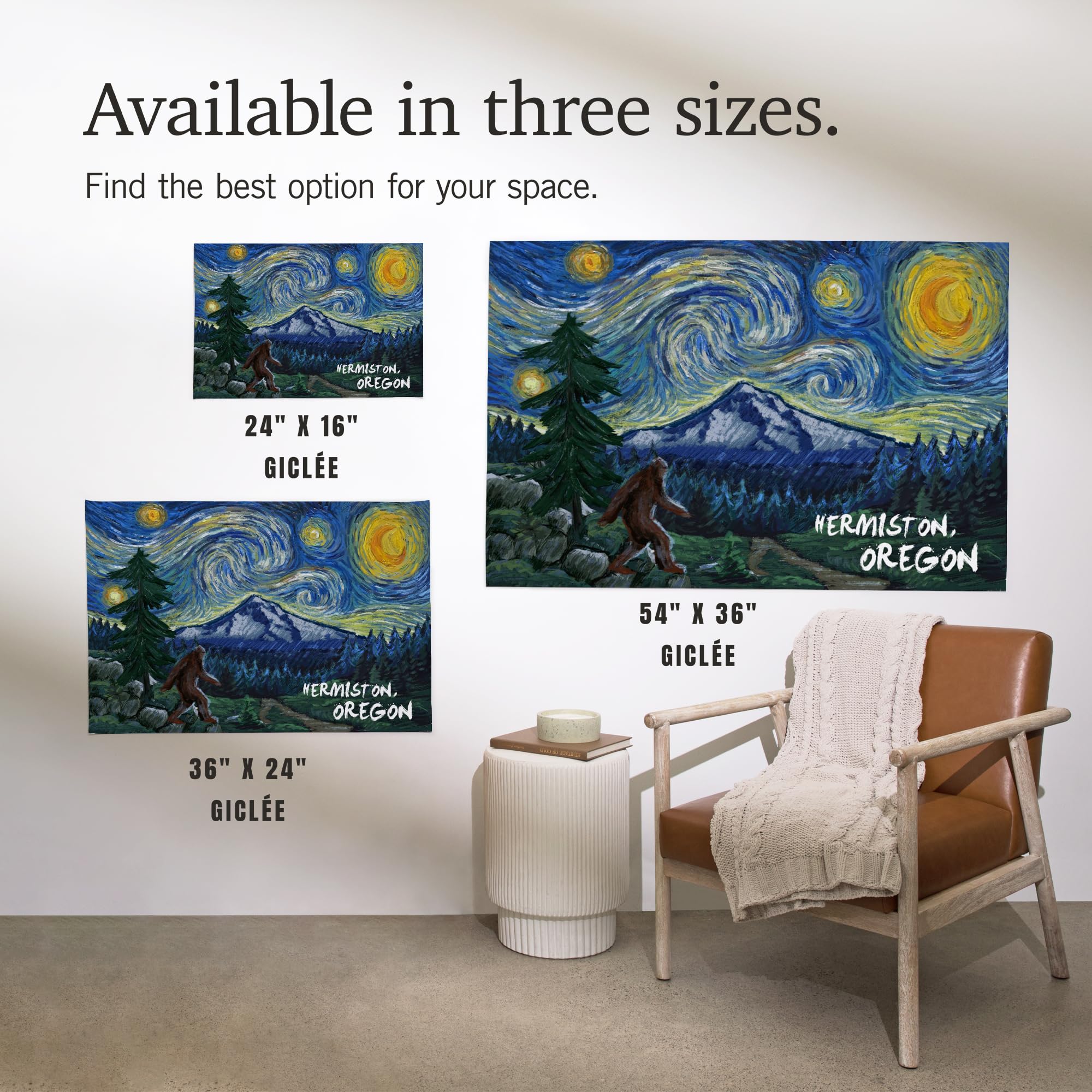 Lantern Press 16x24 Inch Giclee Art Print - Hermiston Oregon Bigfoot Starry Night Wall Decor - Perfect for Living Room, Bedroom & Office