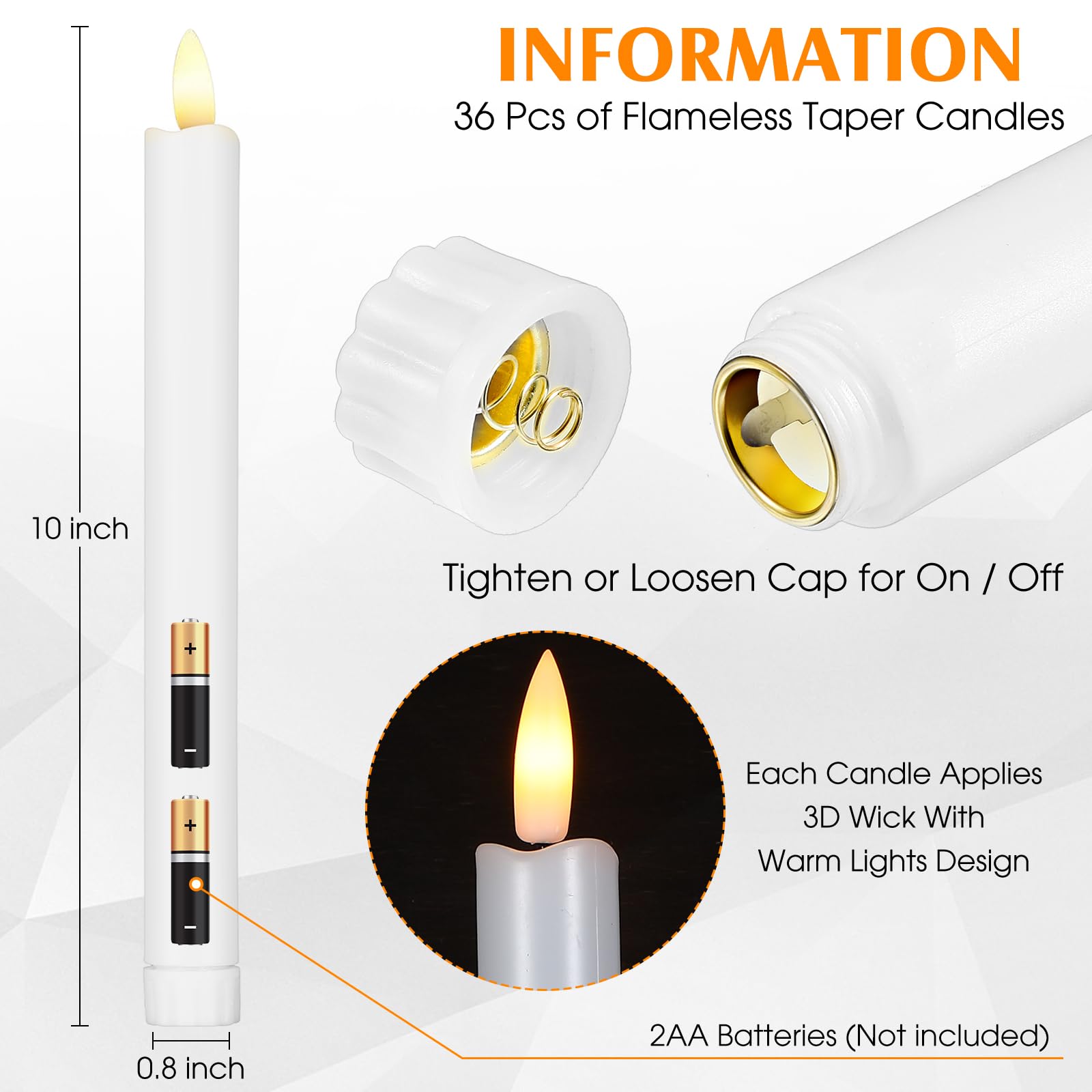 36 Pack 10 Inch Flameless LED Taper Candles - Battery Operated Flickering Candlesticks for Christmas, Wedding, Home Decor (White) | Perfect for Window Displays, Dining Tables & Romantic Ambiance