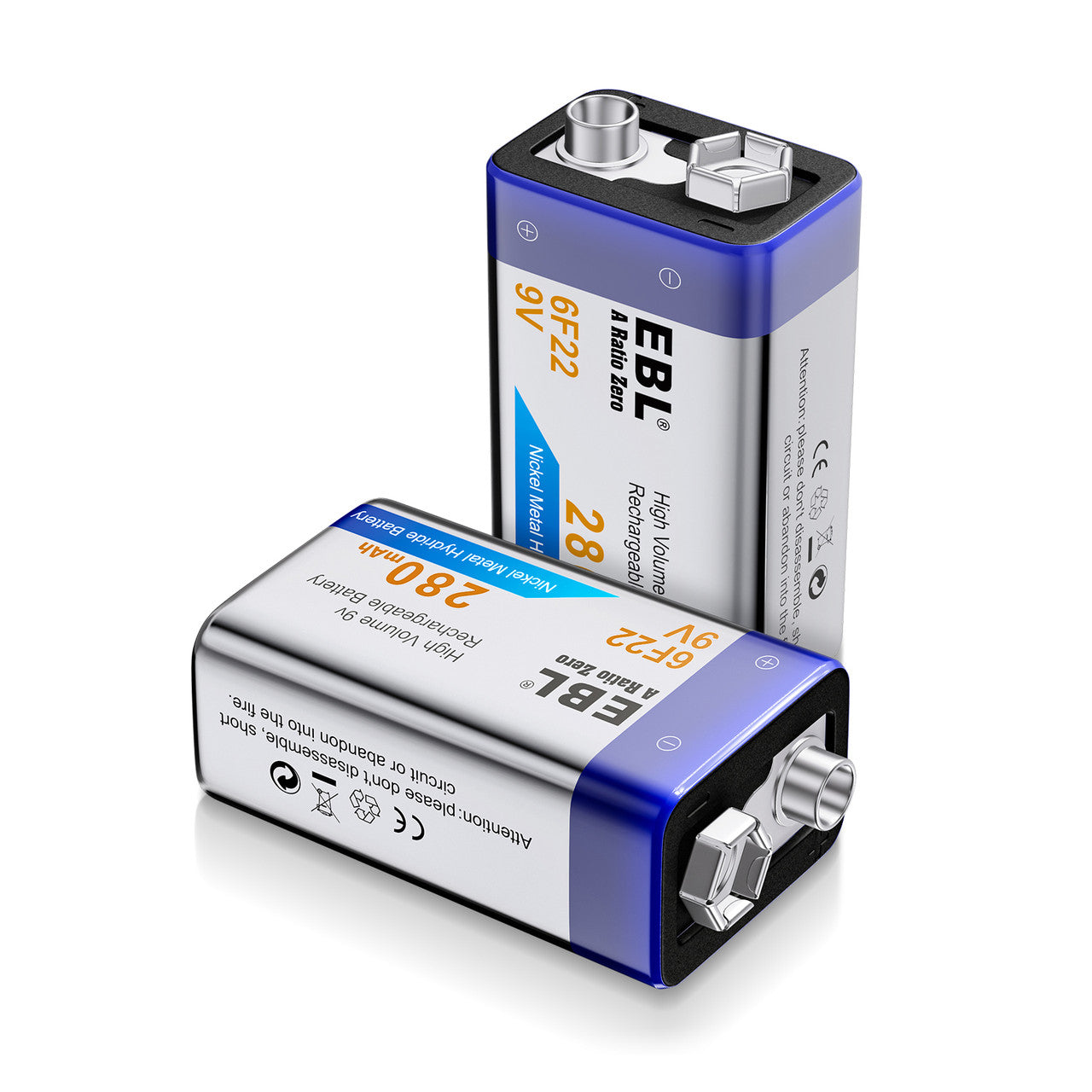 EBL 9V Rechargeable NiMH Battery 280mAh - Long Lasting Power for Smoke Detectors, Guitar Pedals & Wireless Microphones