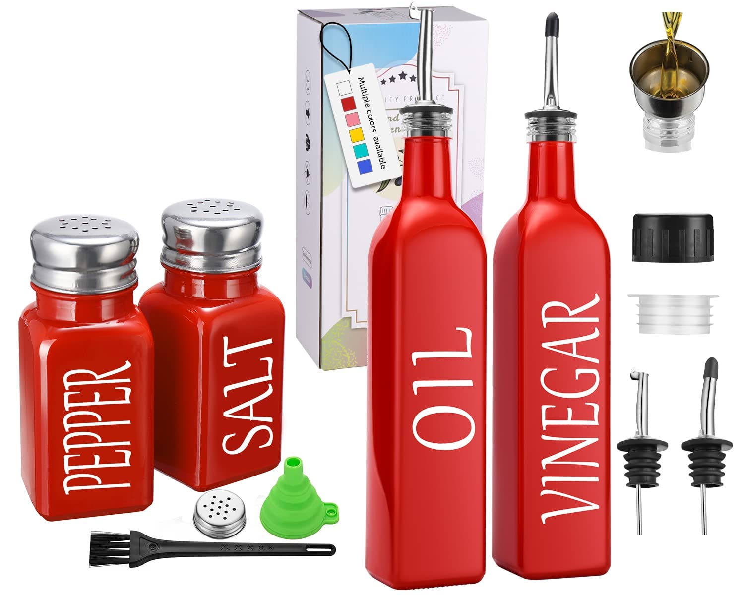 Premium Red Kitchen Decor Set - Oil & Vinegar Dispenser and Salt & Pepper Shakers - Elegant Dining Accessories for Home & Restaurant Use - Perfect for Cooking, Entertaining and Gifting
