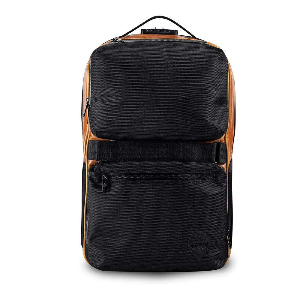 Skunk SoHo Smell Proof & Weather Resistant Backpack with Combination Lock - Black/Brown Leather - Perfect for Travel, Hiking & Discreet Storage