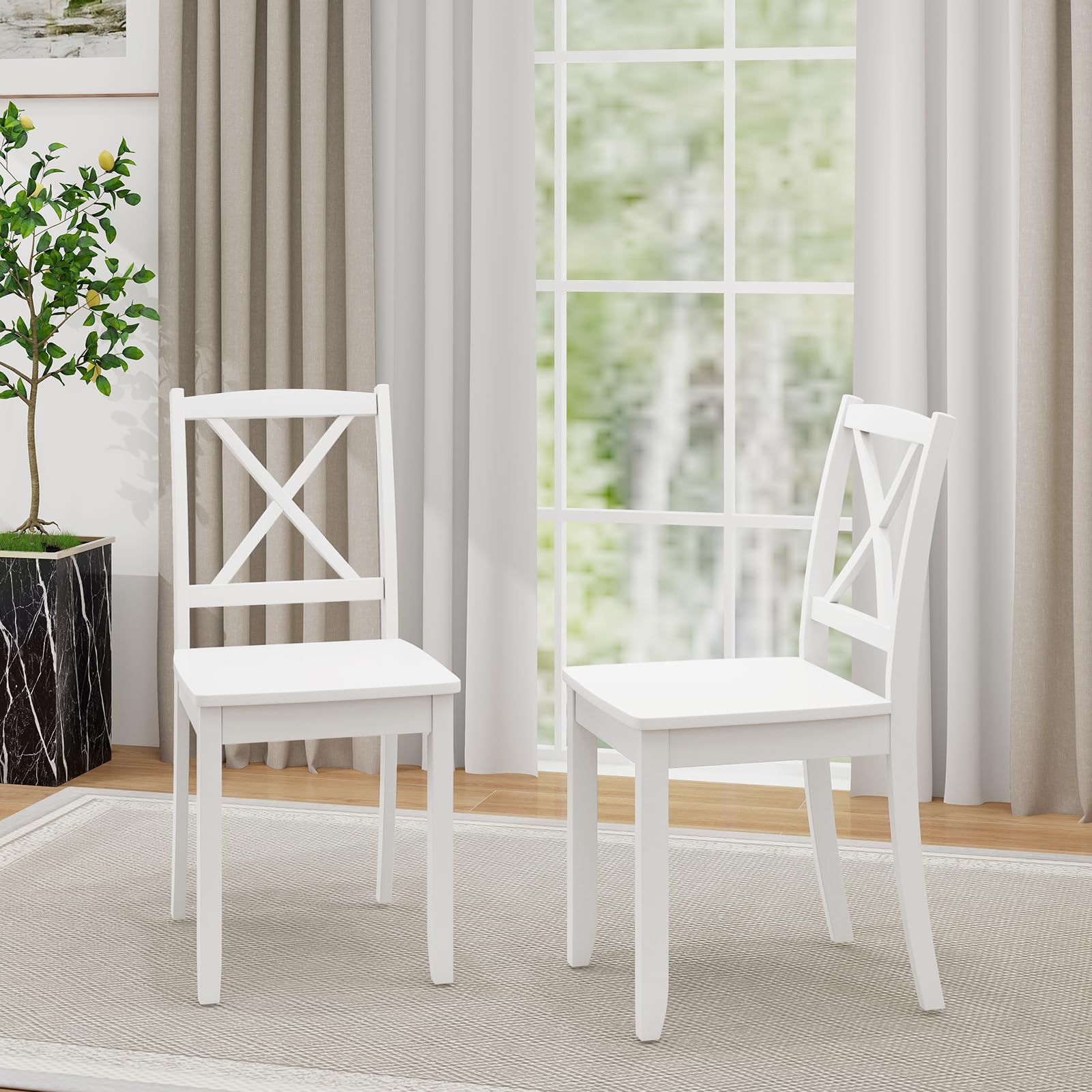 Giantex Set of 4 White Wooden Dining Chairs - Armless Kitchen Chairs with Rubber Wood Legs & Curved Backrest - Farmhouse Cross Back Design - Sturdy 400 LB Capacity - Perfect for Dining Room, Kitchen, Restaurant, and Cafe Use