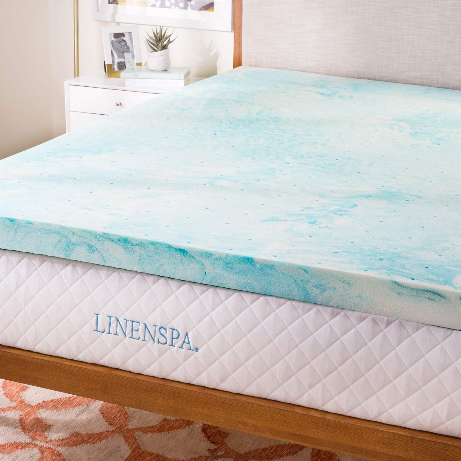 LINENSPA 3 Inch Gel Swirl Memory Foam Mattress Topper - Queen Size Cooling Gel Infused Pressure Relief Mattress Pad - CertiPUR-US Certified for Back Pain & Hot Sleepers - Perfect for Bedroom, Guest Room & Dorm Use