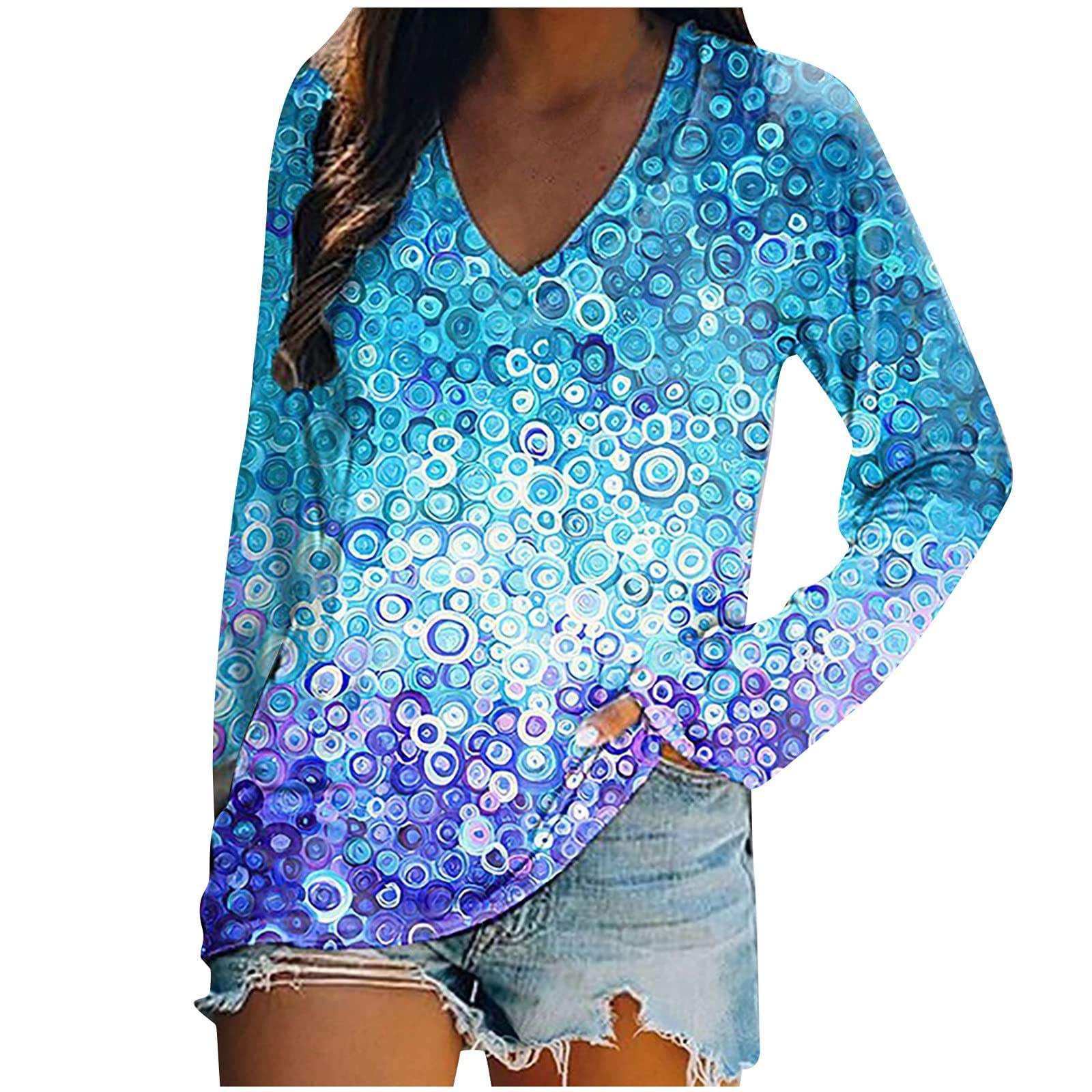 PRDECE Women's Spring Cotton Work T-Shirt - Loose Fit Long Sleeve Printed Tunic Top with Pleated Detail | Soft Crewneck Casual Blouse for Office, Weekend Outings & Spring Fashion