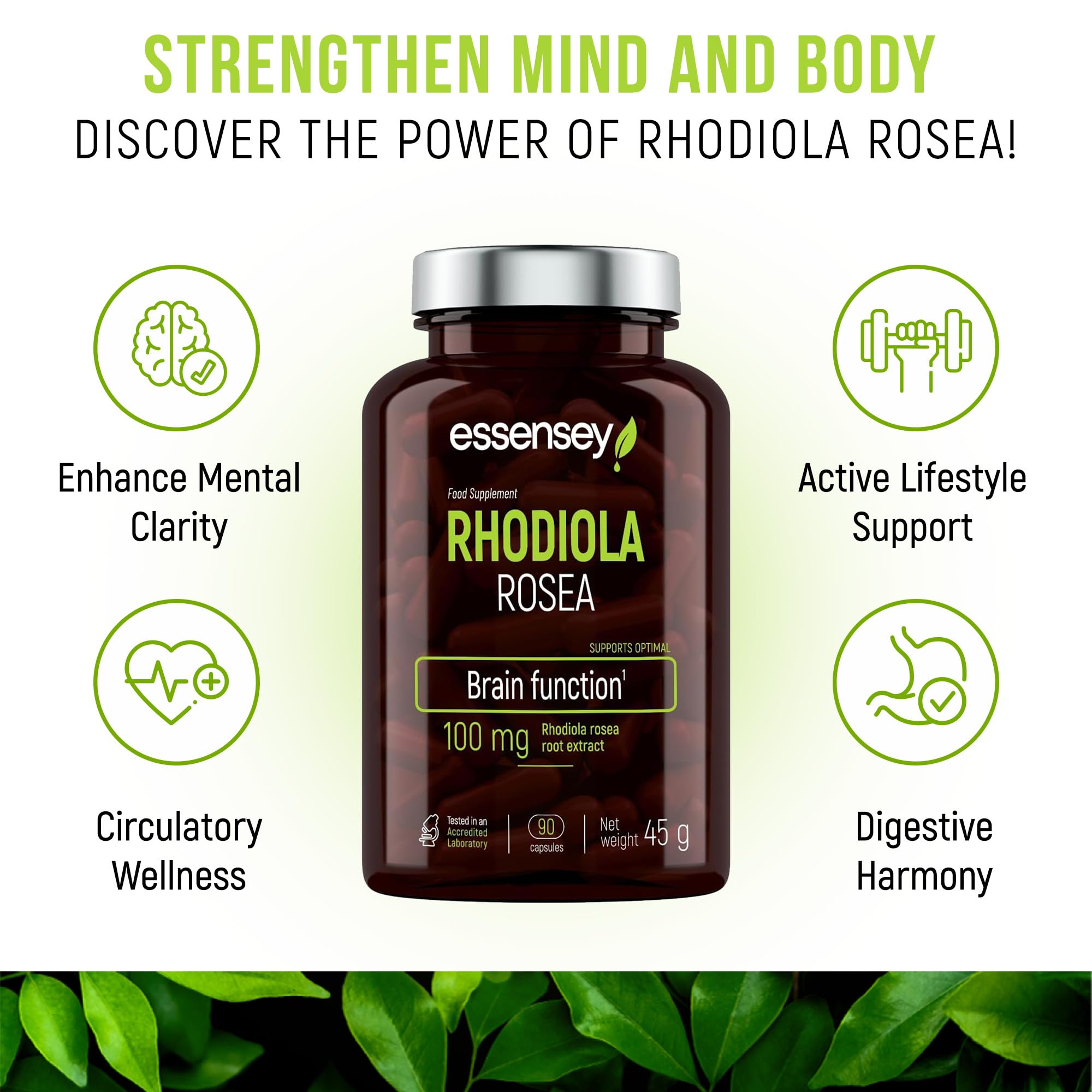 Essensey Rhodiola Rosea Supplement - 100mg, 90 Capsules | Natural Stress Relief & Energy Booster for Workout, Study & Daily Performance