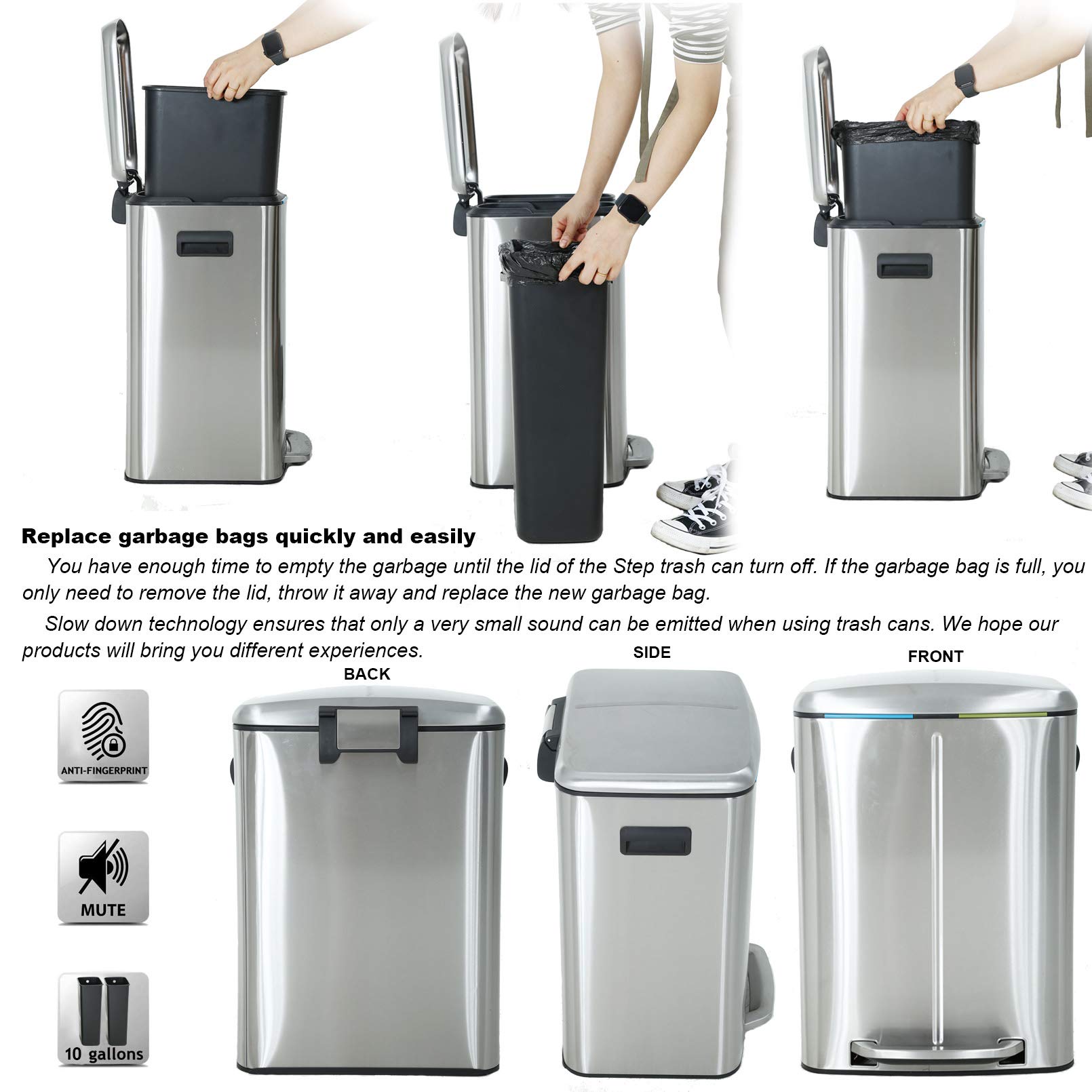 10 Gallon 40L Stainless Steel Step Trash Can with Lid - Heavy Duty Metal Garbage Bin for Office, Kitchen, Bathroom & Outdoor Use - Includes 2 Removable Liner Buckets for Easy Waste Disposal & Recycling