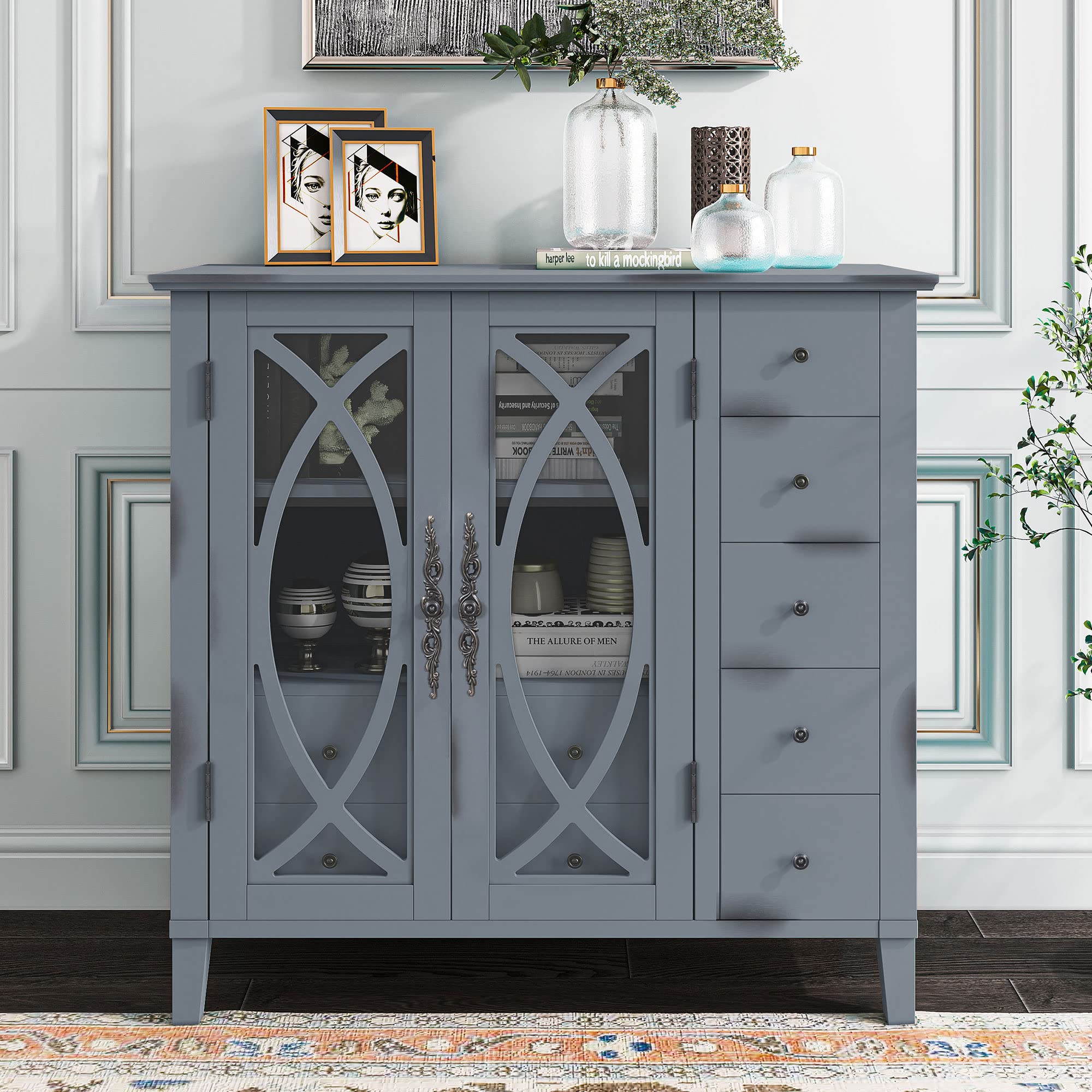7-Drawer Wooden Accent Storage Cabinet with Adjustable Shelf & Glass Door - Modern Console Table Buffet Sideboard for Hallway, Entryway, Kitchen, Bedroom & Living Room (Antique Gray) | Perfect for Home Organization & Stylish Storage Solutions