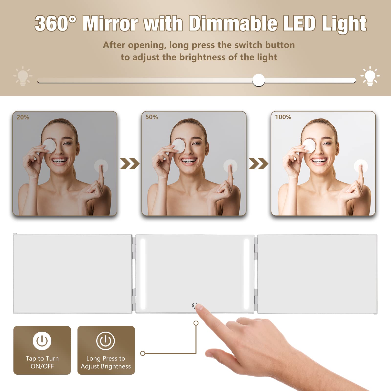 Dripex 3-Way Rechargeable LED Makeup Mirror - 360° Rotating Trifold Self Haircut Mirror with Adjustable Height Hooks for Hair Styling, Shaving, Braiding & Dyeing | Perfect for Home Salon, Bathroom Vanity & Professional Use