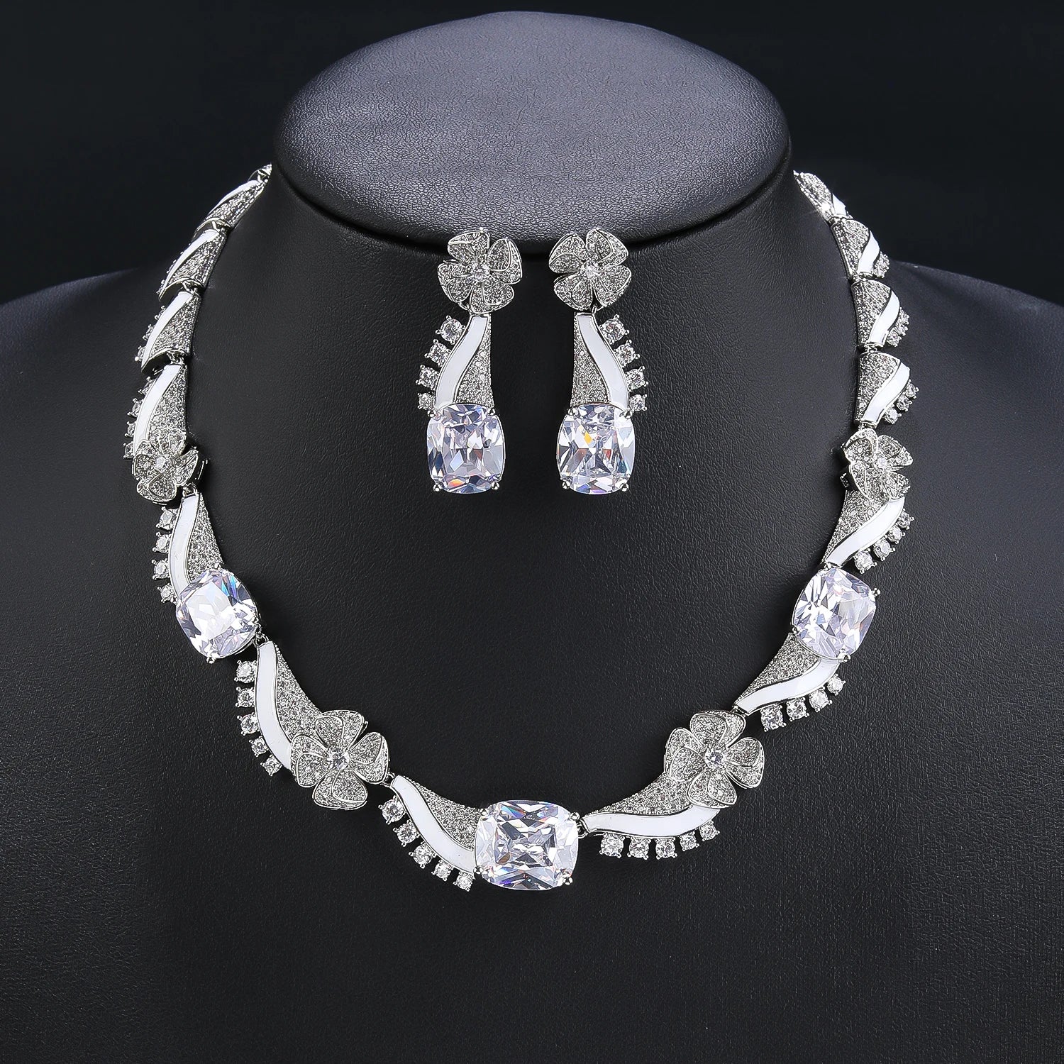 Elegant Cubic Zirconia Flower Necklace & Earrings Set - Shiny Enamel Wedding Jewelry for Women - Perfect for Bridal Party, Anniversary & Special Occasions
