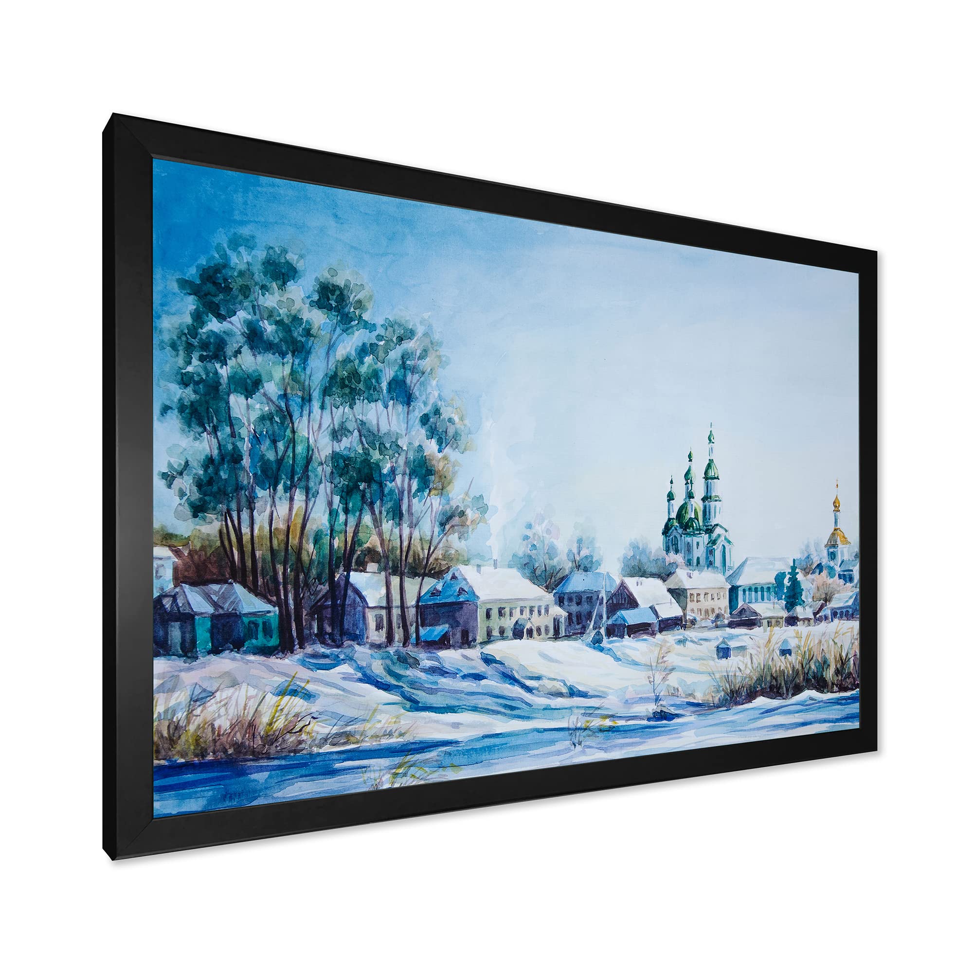 DesignQ Small Town Winter Scene Traditional Framed Wall Art - Perfect for Living Room, Bedroom & Office Decor