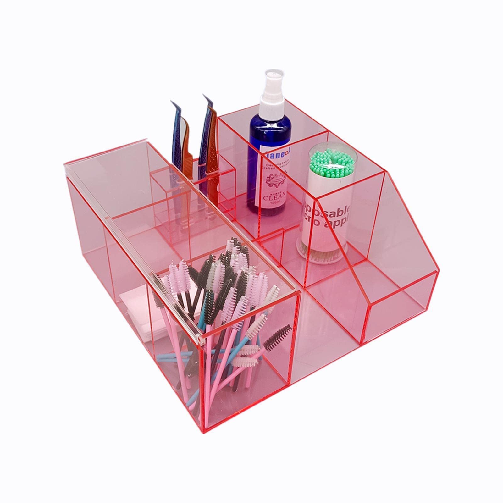Acrylic Eyelash Extension Organizer with Tweezers Holder - Transparent Pink Beauty Tool Storage Box for Lash Artists & Home Salons | Perfect for Professional Lash Techs & DIY Beauty Enthusiasts