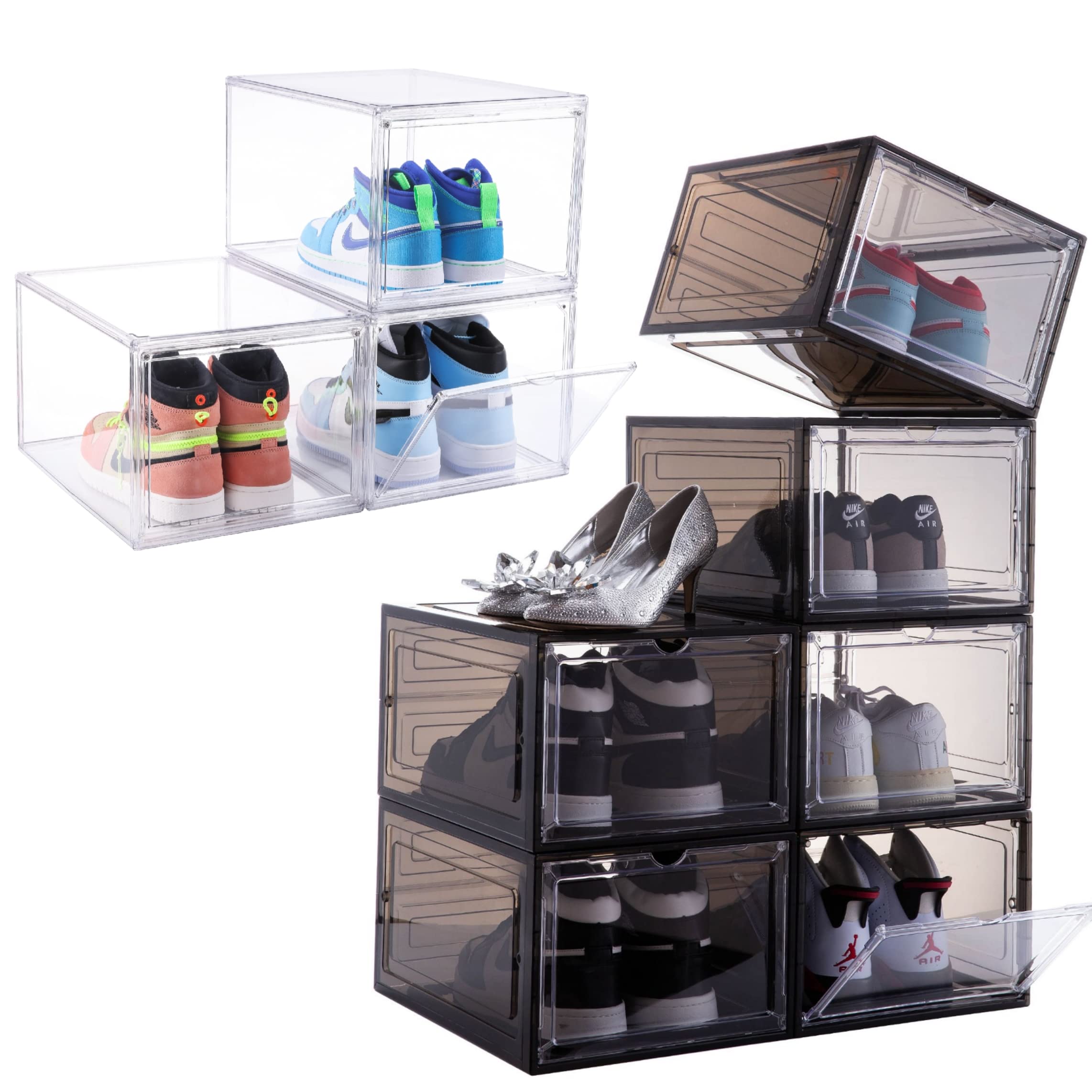 6 Pack Large + 3 Pack X-Large Clear Plastic Drop Front Shoe Storage Boxes - Stackable Sneaker Display Containers for Closet Organization & Shoe Collection (Perfect for Sneakerheads, Retail Stores & Home Storage)