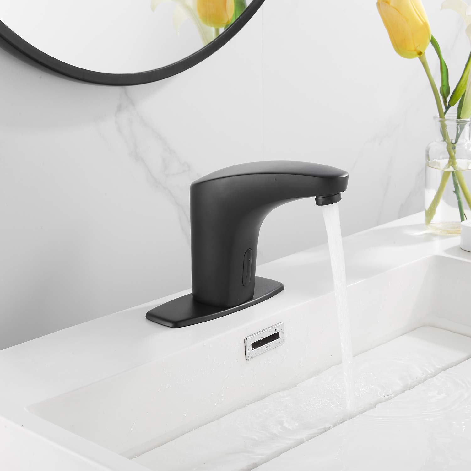 Automatic Touchless Bathroom Sink Faucet - Matte Black Sensor Faucet with Control Box & Temperature Mixer Valve - Dual Powered (Battery/AC) for Vanity, Lavatory, or Basin - Perfect for Modern Homes, Public Restrooms & Water Conservation