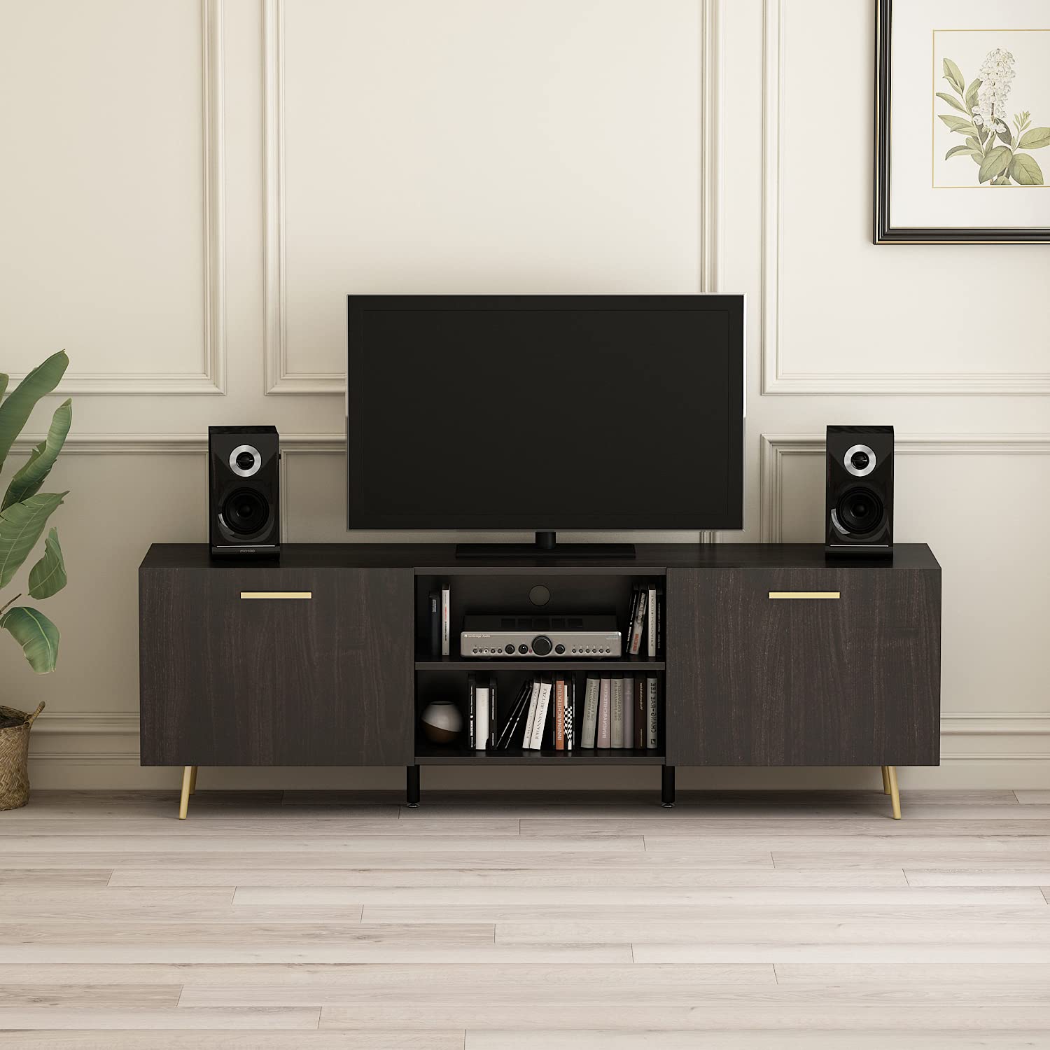 FUFU&GAGA 65 Inch TV Stand - Modern Wood & Metal Legs Entertainment Center with 2 Storage Cabinets & 2 Open Shelves - Universal Media Console for Living Room, Home Theater & Gaming Setup (Black-Brown)