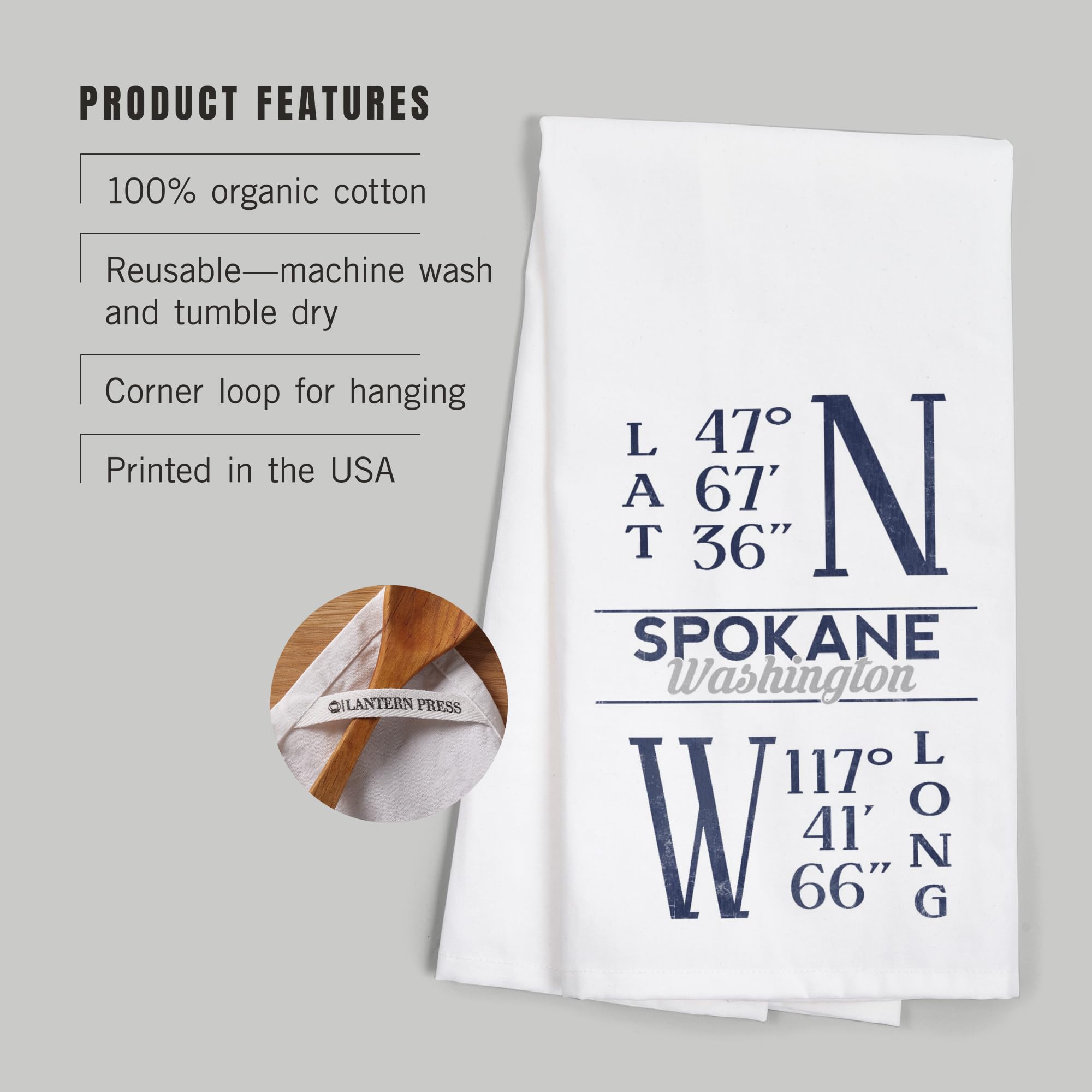 Lantern Press Spokane Washington Latitude Longitude Blue 100% Cotton Tea Towel - Decorative Hand Towel for Kitchen, Home Decor, Housewarming Gift & Farmhouse Style