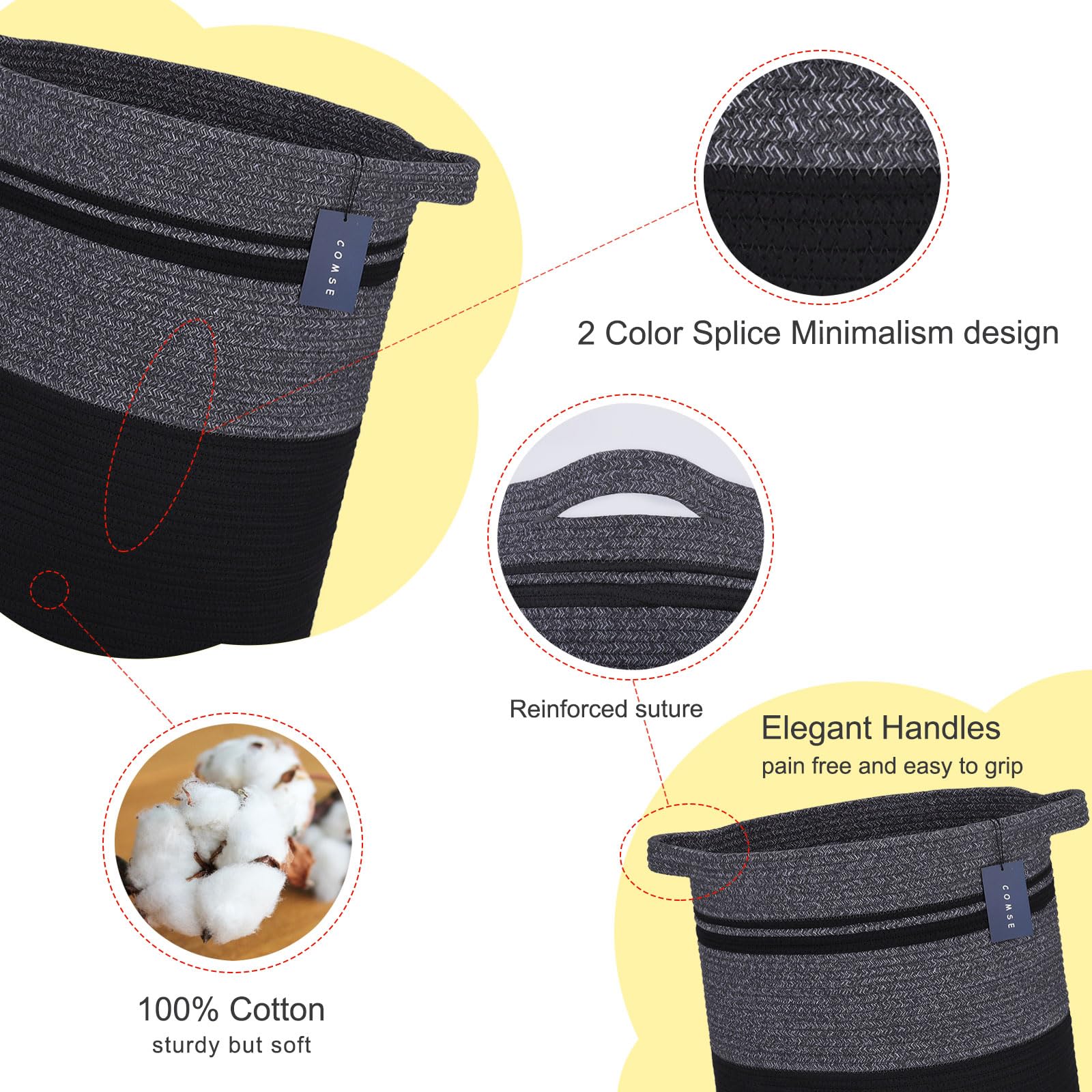 COMSE Extra Large Woven Cotton Rope Laundry Basket - 15.7”x21.7” Tall Blanket Storage Hamper for Nursery, Toys, Clothes & Towels | Perfect for Bedroom Organization, Baby Room Decor & Laundry Room Storage (Black)