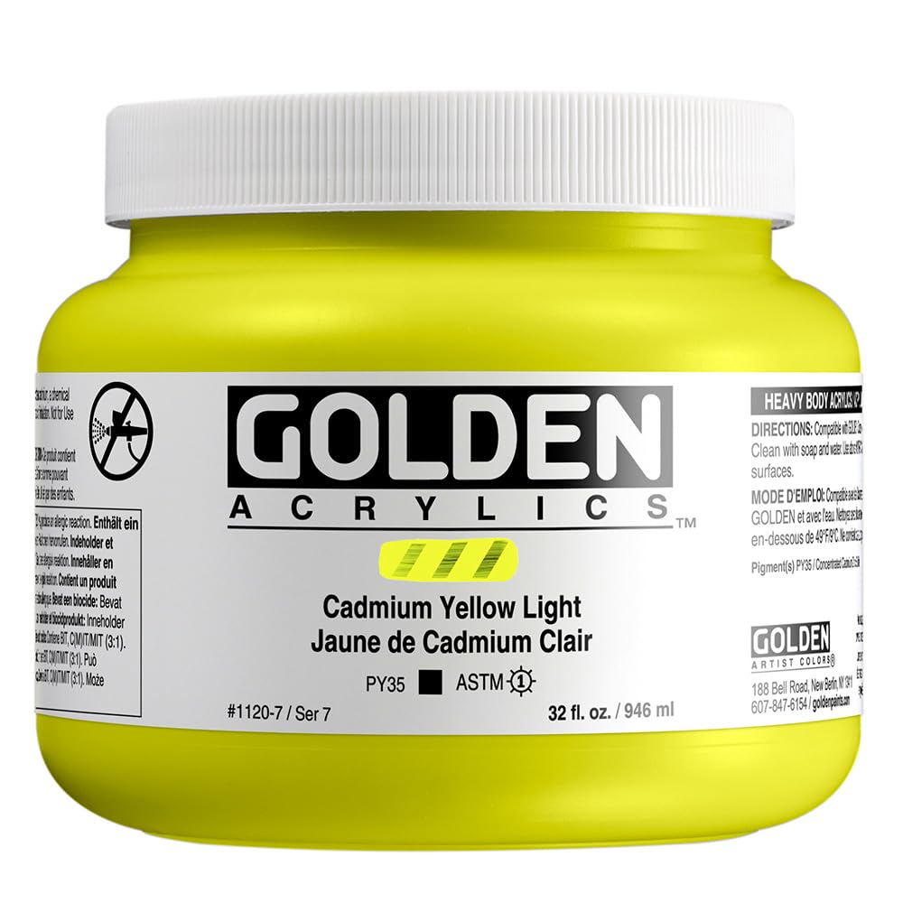 GOLDEN Heavy Body Acrylic Paint - Cadmium Yellow Light (32 fl oz Jar) | Professional Opaque Acrylics for Canvas Painting & Fine Art