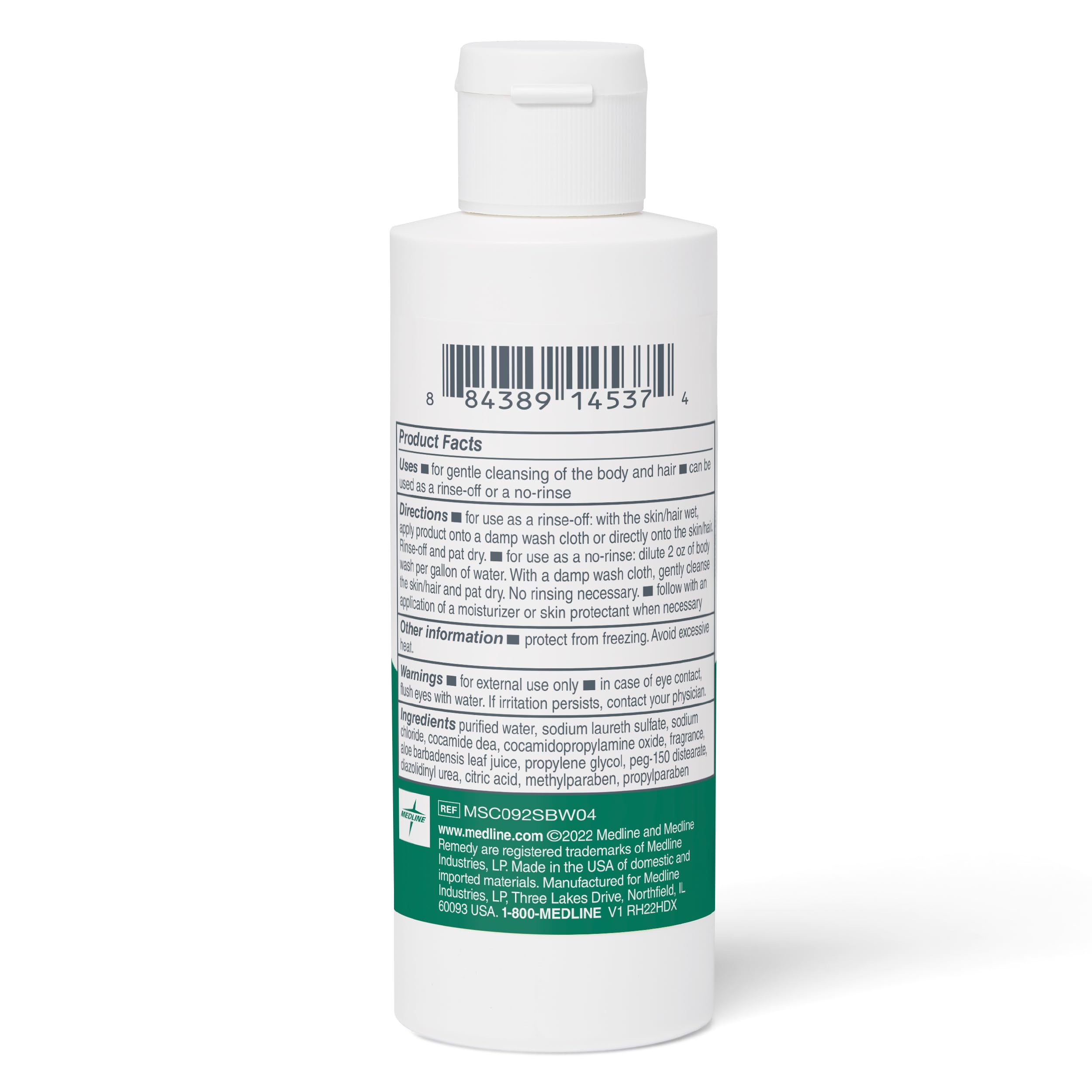 Medline Remedy Essentials Shampoo and Body Wash (4 fl oz) - Aloe Vera Infused Full Body Cleanser for Adults & Seniors | Gentle Rinse Gel for Bath, Shower & Bedside Care | Ideal for Sensitive Skin & Daily Hygiene