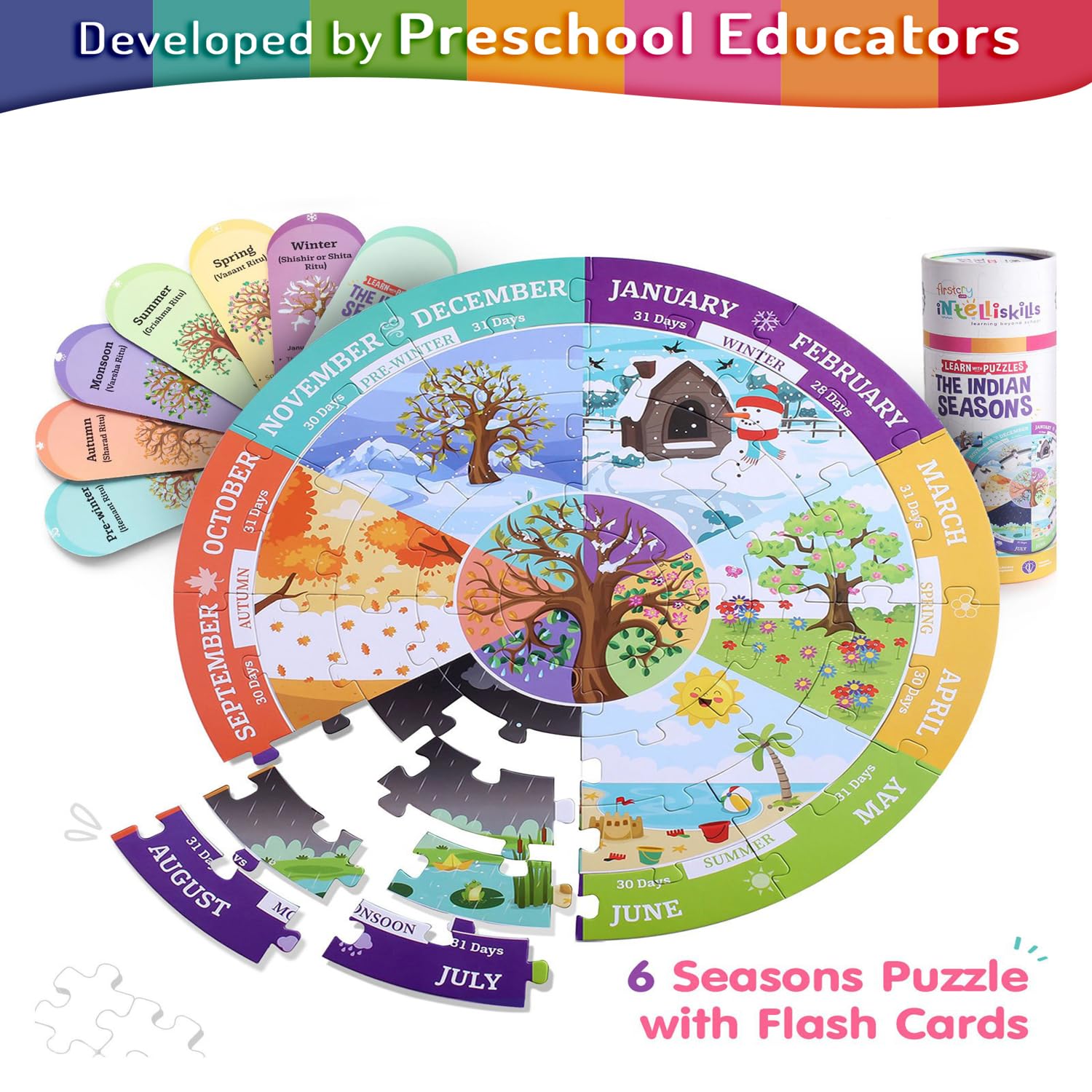 FIRSTCRY INTELLISKILLS Premium 37-Piece Indian Seasons Jigsaw Puzzle with 6 Flash Cards | Educational Toy for Kids Ages 4+ | Fun Learning of 6 Seasons | Floor Puzzle for Boys & Girls | BIS Certified | Perfect for Homeschooling & Classroom Activities