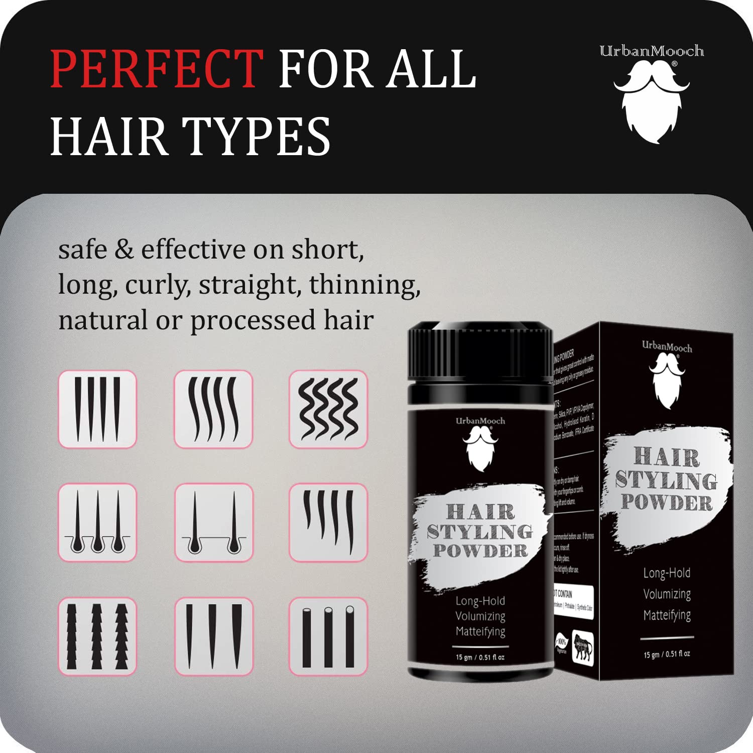 UrbanMooch Hair Volumizing Powder Wax for Men - Strong Hold Texture Powder with Matte Finish | 24 Hour Long-Lasting Styling | Natural & Safe Hair Product (15g) | Perfect for Everyday Use, Special Occasions & Hairstyling Needs