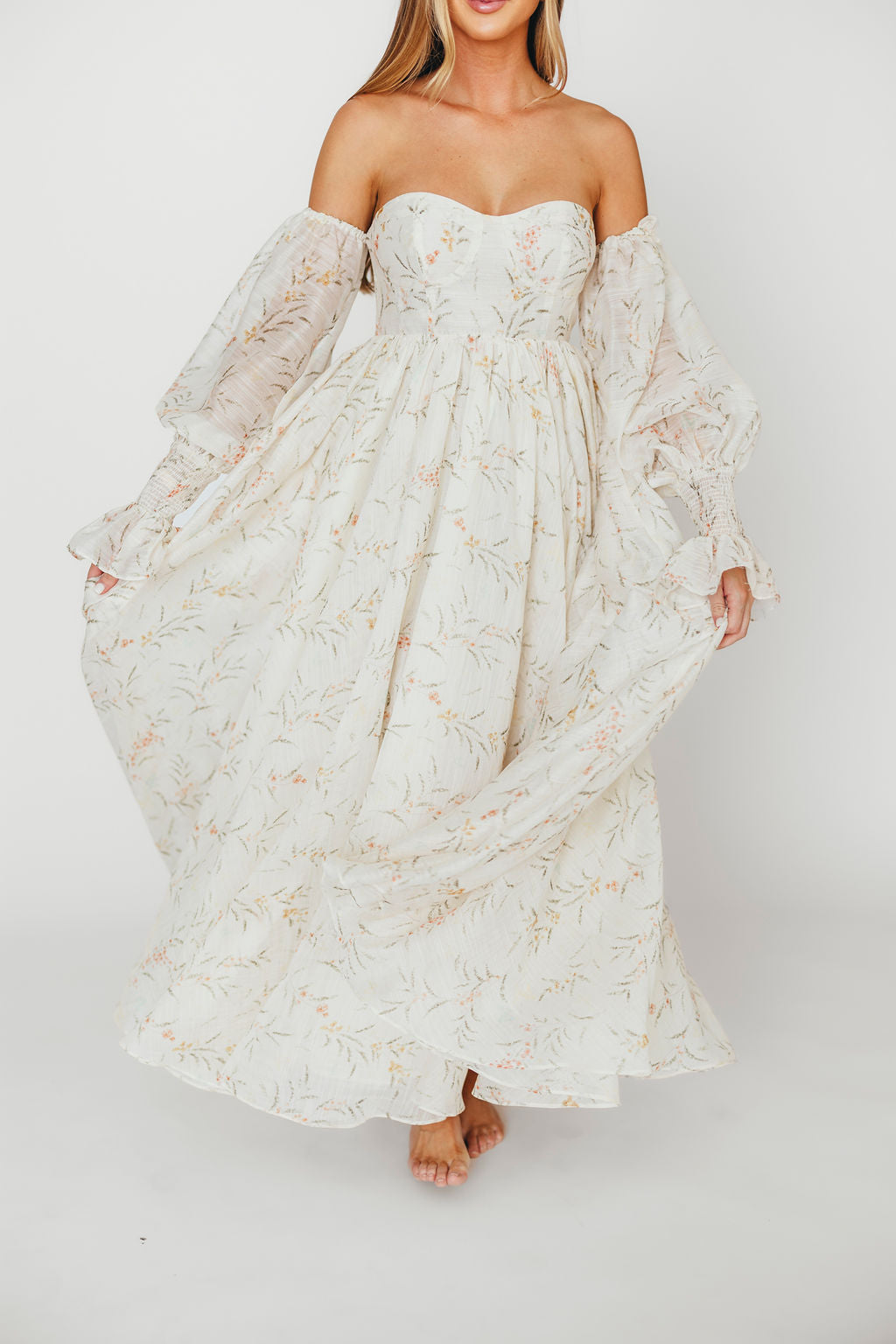 Delilah Cream Floral Maternity Dress with Train - Bump Friendly Wedding Guest Dress for Baby Showers & Special Occasions