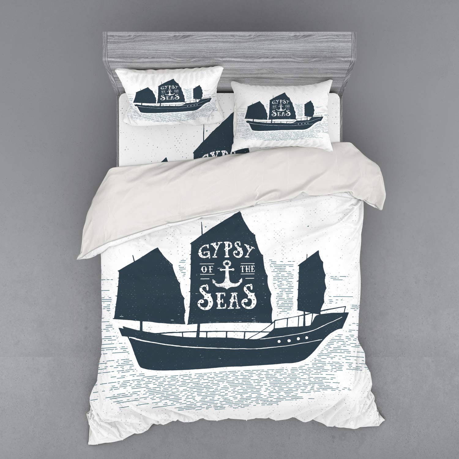 Ambesonne Vintage Boat Duvet Cover Set - Gypsy of The Sea Pirate Ship Treasure Island Theme, 4-Piece Queen Size Bedding with Shams & Fitted Sheet in Dark Blue Grey White | Perfect for Nautical Themed Bedrooms, Guest Rooms & Coastal Decor