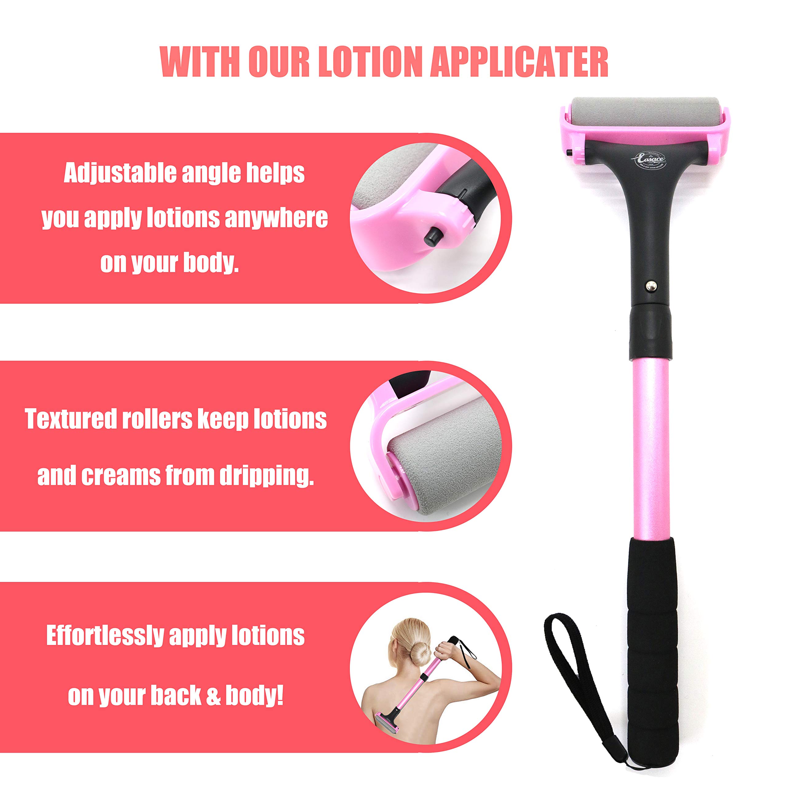EASACE 21.5 Inch Adjustable Long Handle Lotion Applicator for Back & Body - Self Massage Tool with 2 Replacement Rollers (Pink) | Perfect for Sunscreen, Moisturizer & Pain Relief Cream Application at Home, Spa or Travel