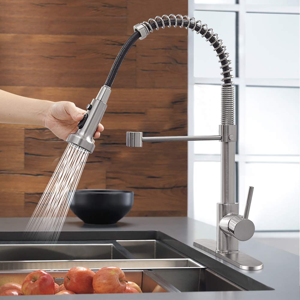 Hoimpro High Arc Brushed Nickel Spring Kitchen Faucet with Pull Down Sprayer - 3 Function Single Handle Laundry Faucet for RV, Home & Commercial Use - Durable Brass Construction (Single or 3 Hole Installation) - Perfect for Modern Kitchens, Camper Sinks & Utility Rooms