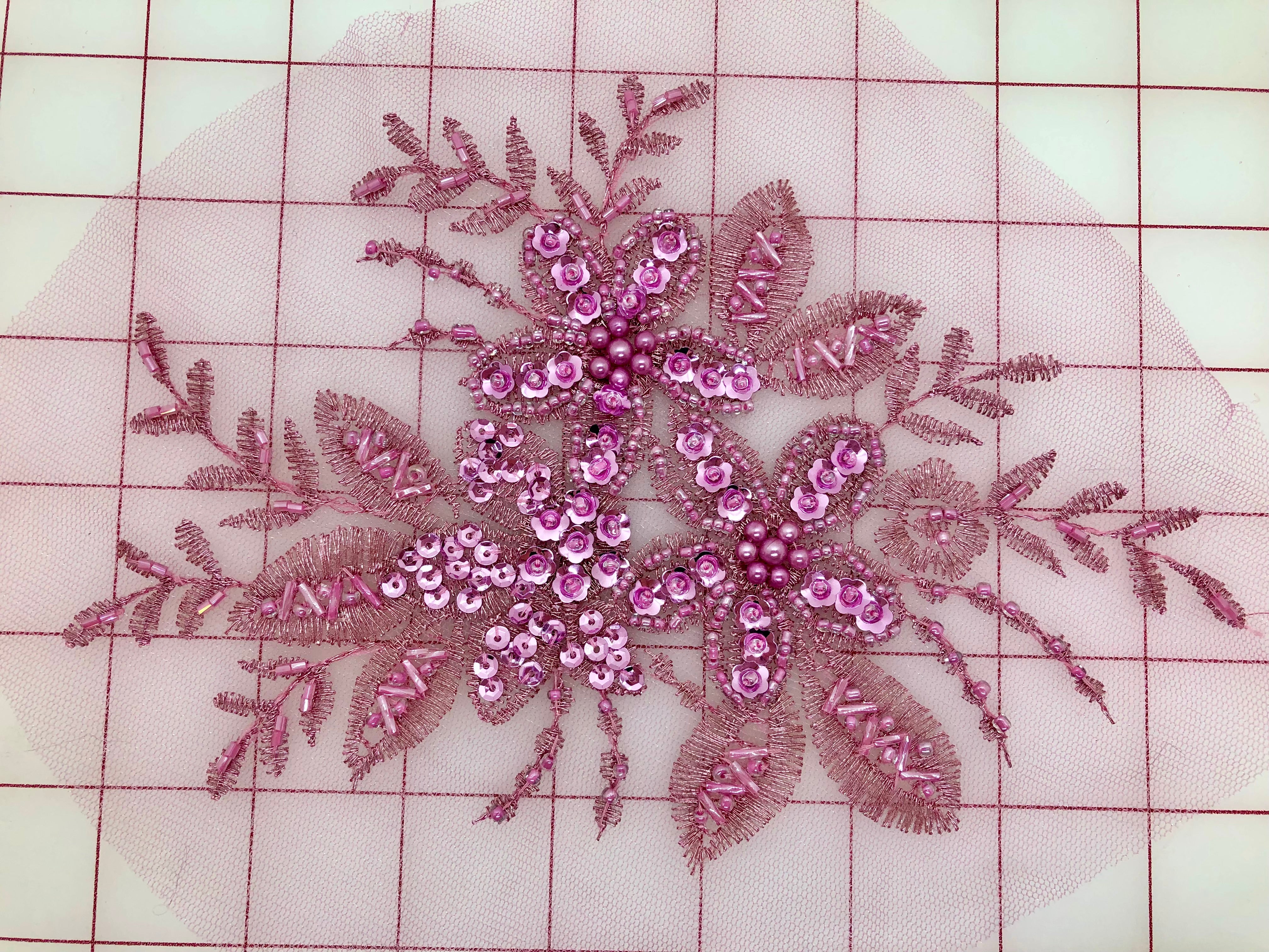 Elegant Dusty Rose Applique Sequined & Beaded Lace Flower Pairs - Perfect for Wedding Dresses, Bridal Gowns, and DIY Craft Projects