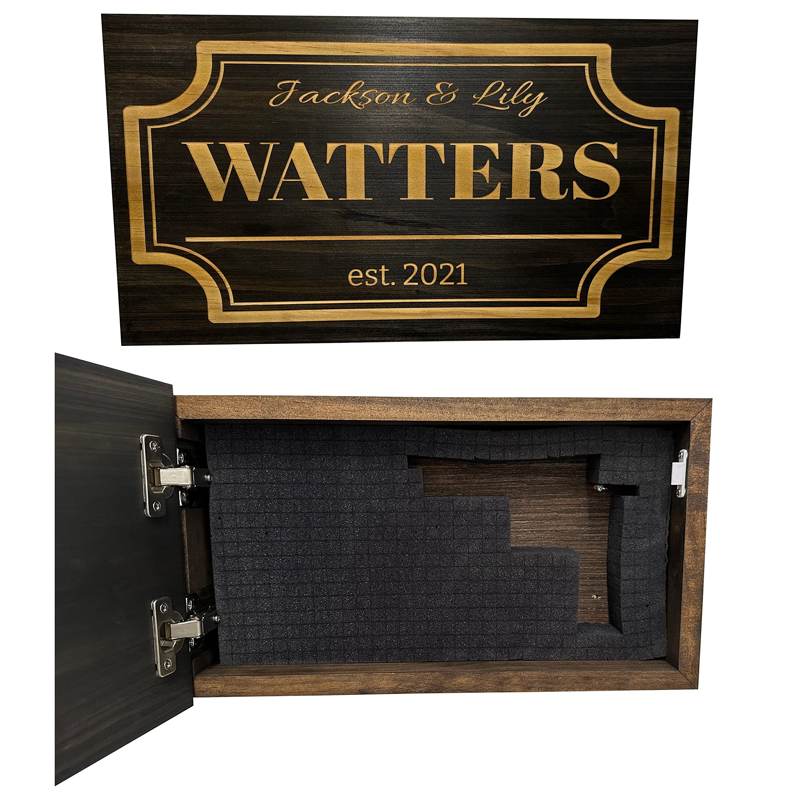 Personalized Hidden Gun Storage Shelf - Custom Family Name, Last Name & Established Date - Concealed Weapon Safe for Home, Office & Vehicles (Black)