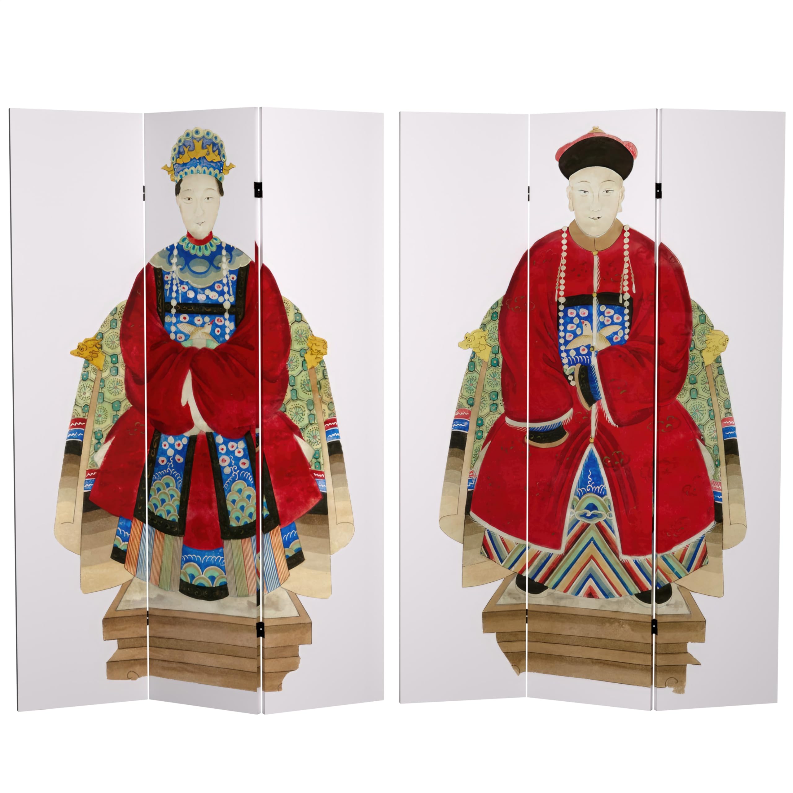 6 ft. Tall Red Lantern Chinese Emperor Canvas Room Divider - Double Sided White Folding Screen for Home Decor, Office Partition & Asian-Themed Events